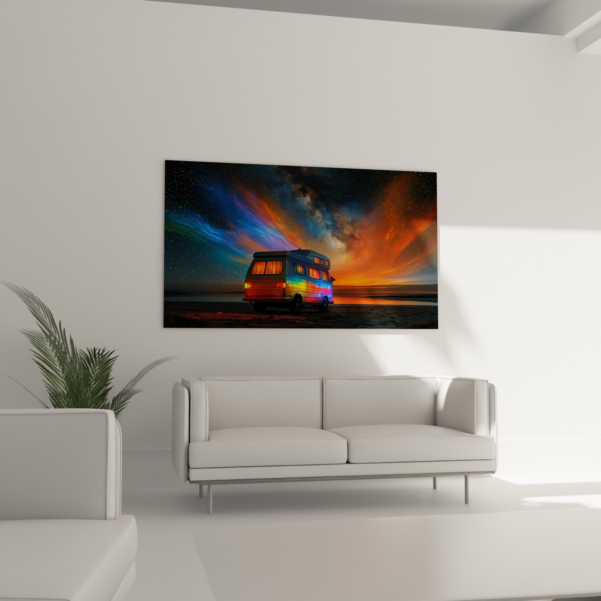 Véhicule illuminé sous une aurore nocturne anthracite et fauve, au-dessus d'un canapé dans un salon lumineux