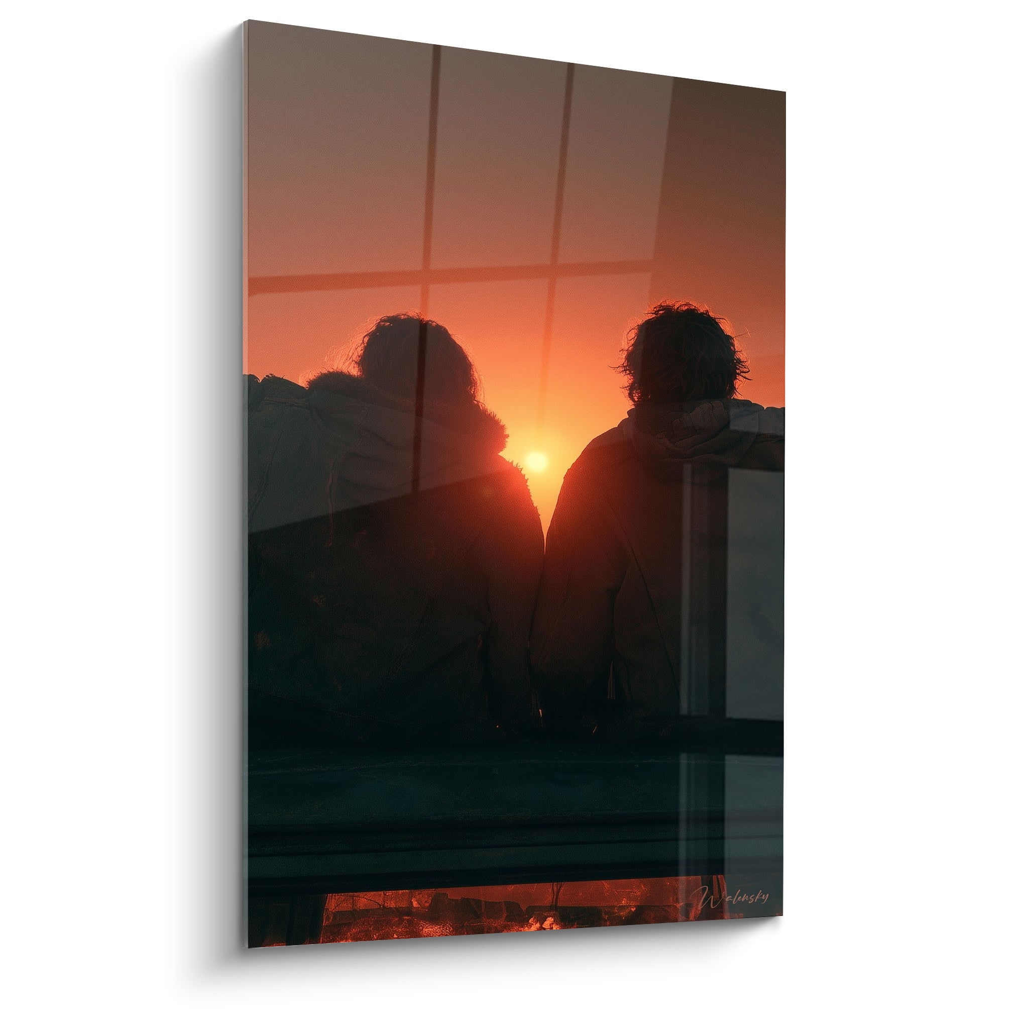 Deux silhouettes orangées face au coucher de soleil, tableau camping-car et van life sur toile