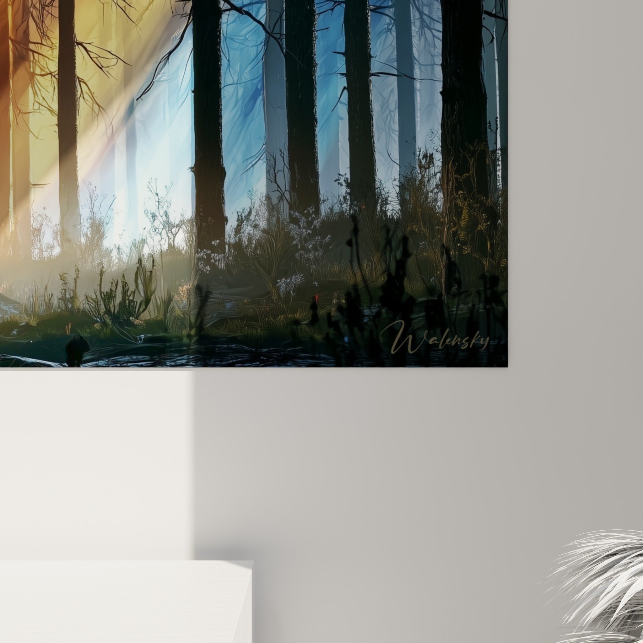 Détail des rayons orangés et bleutés striant la toile, avec la matière et le grain de l'impression bien visibles