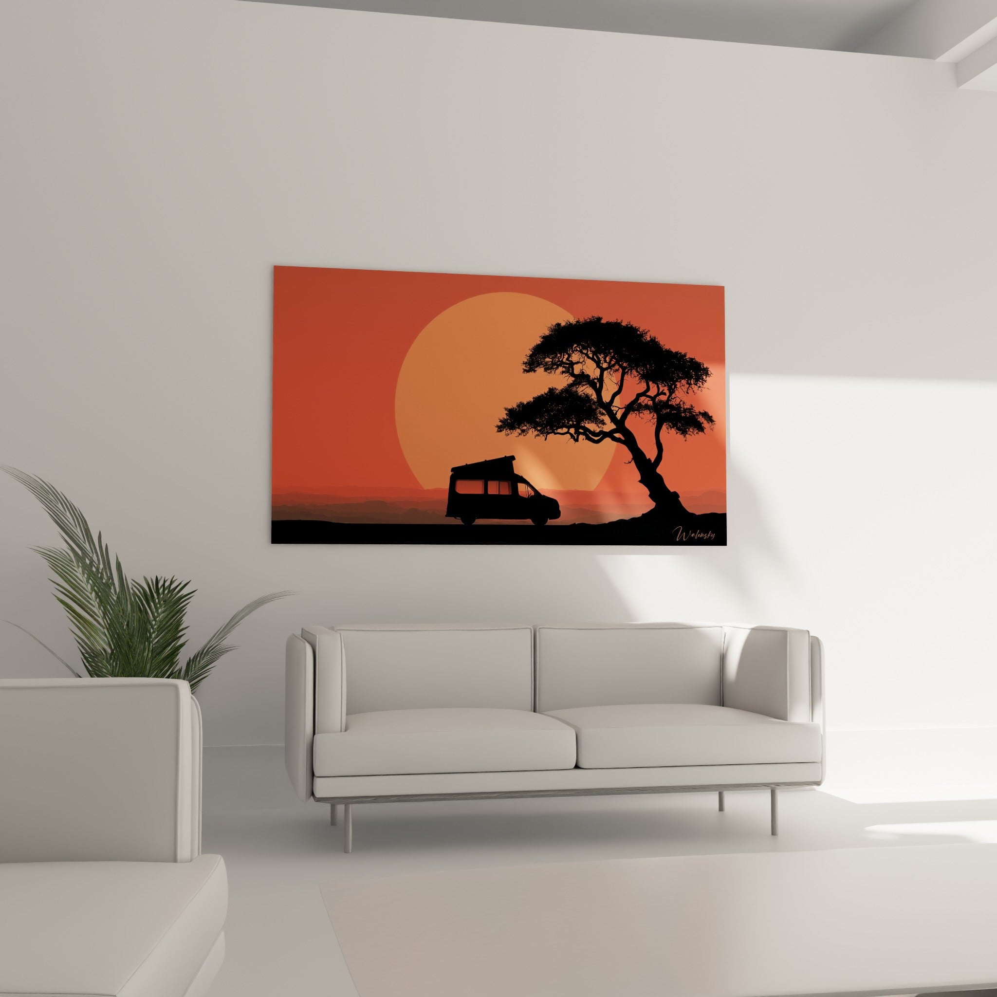 Van au toit relevé garé sous un ciel terracotta et corail, au-dessus d'un canapé dans un salon lumineux