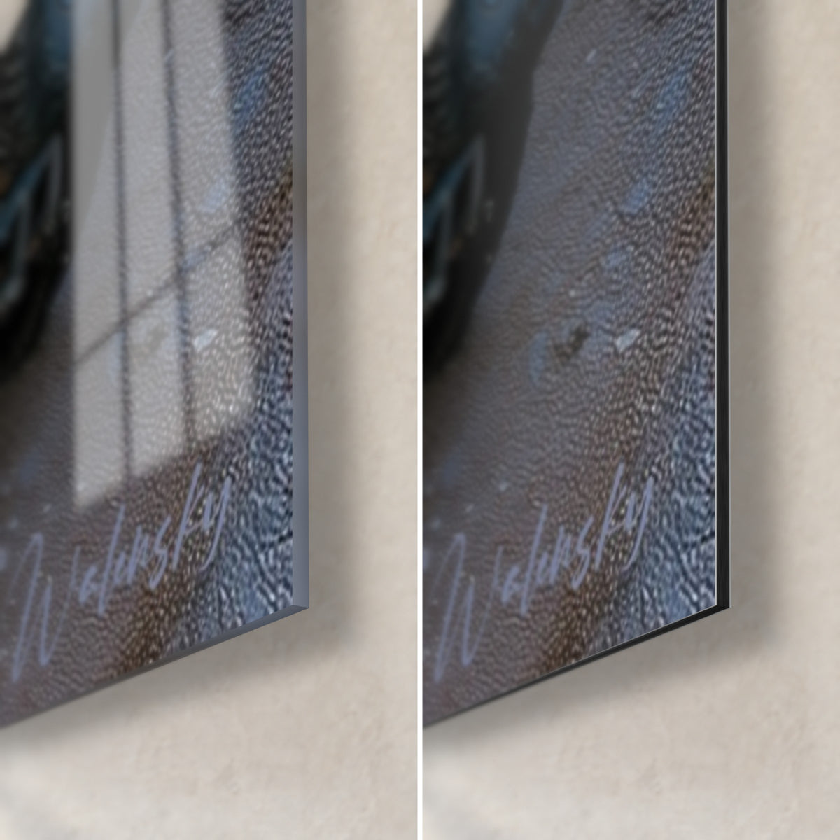Schilderij lichtroze offroadvoertuig op kiezelstenen, turquoise meer, rechtsonder: glanzend acrylglas links, mat Dibond-aluminium rechts