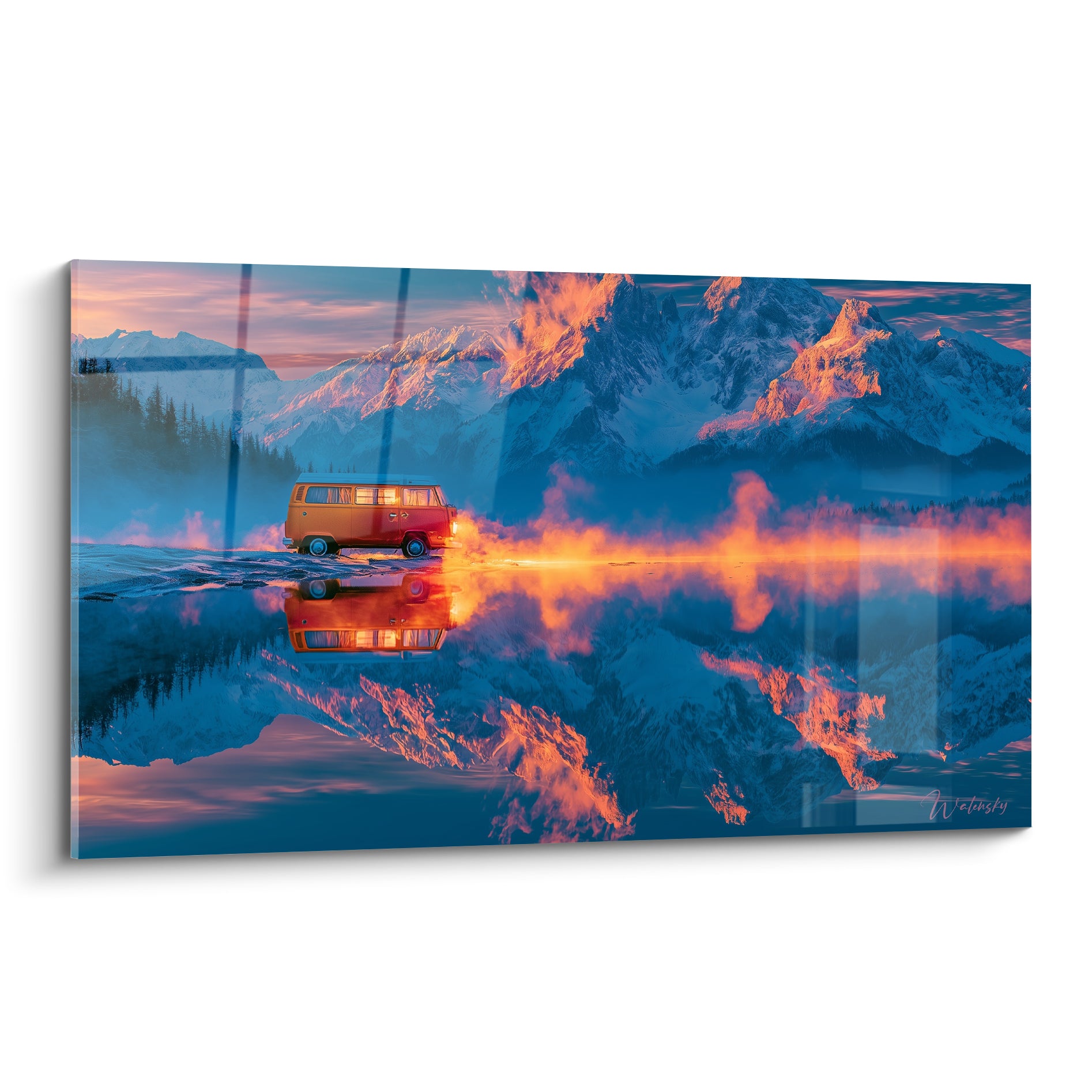 Van orange et rouge face aux montagnes bleu glacé, flammes orangées reflétées dans un lac calme