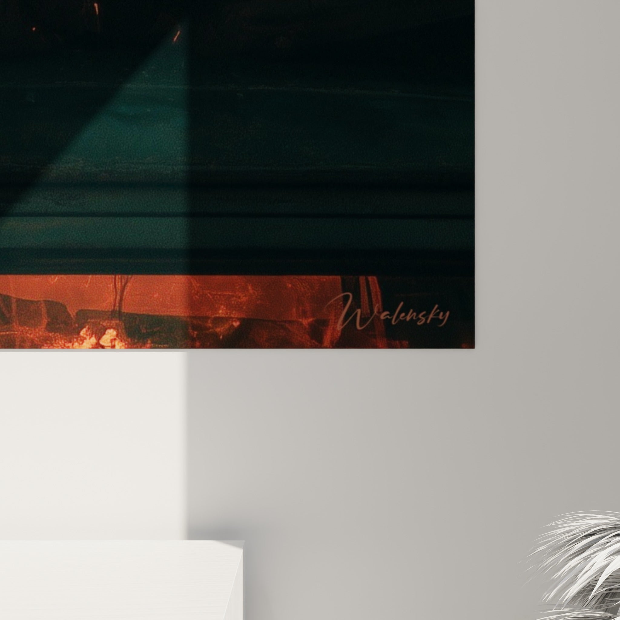 Grain et reflets du tirage sur ce tableau camping-car et van life, dégradés orangés et anthracite en gros plan