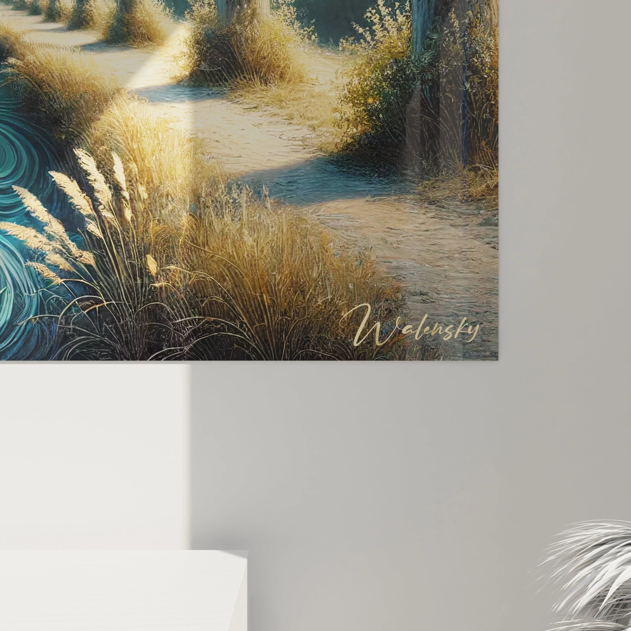 vue rapprochée du tableau france détails réalistes de l eau fluide et des arbres symétriques texture fine couleurs bleues vertes et jaunes créant un effet visuel dynamique et naturel