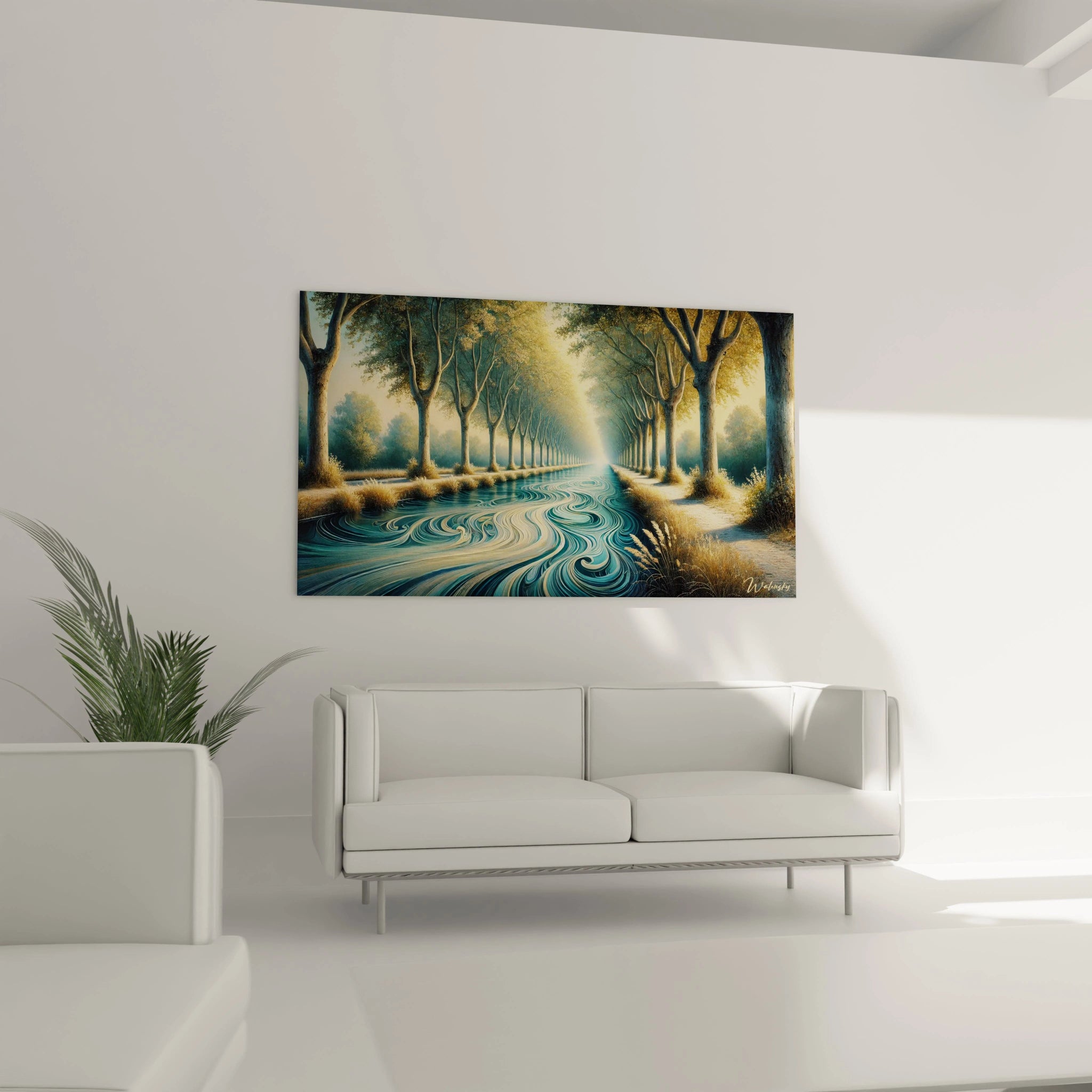 tableau france dans un salon au dessus d un canapé allée d arbres symétrique et rivière hypnotisante tons verts et dorés qui apportent élégance et sérénité dans un espace lumineux et moderne