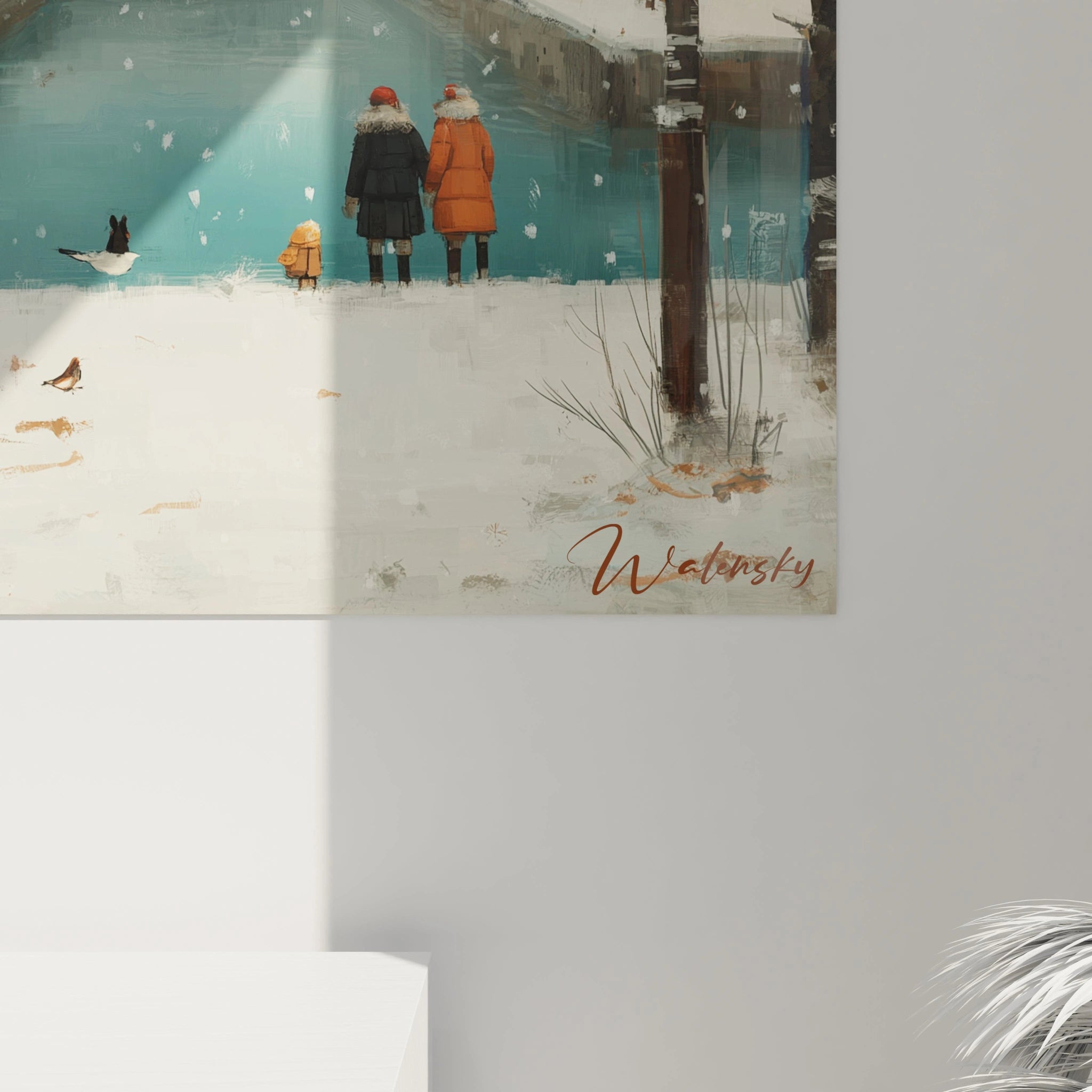 Walensky tableau canal hiver mural montrant trois personnes en manteaux face a un canal enneige avec canards