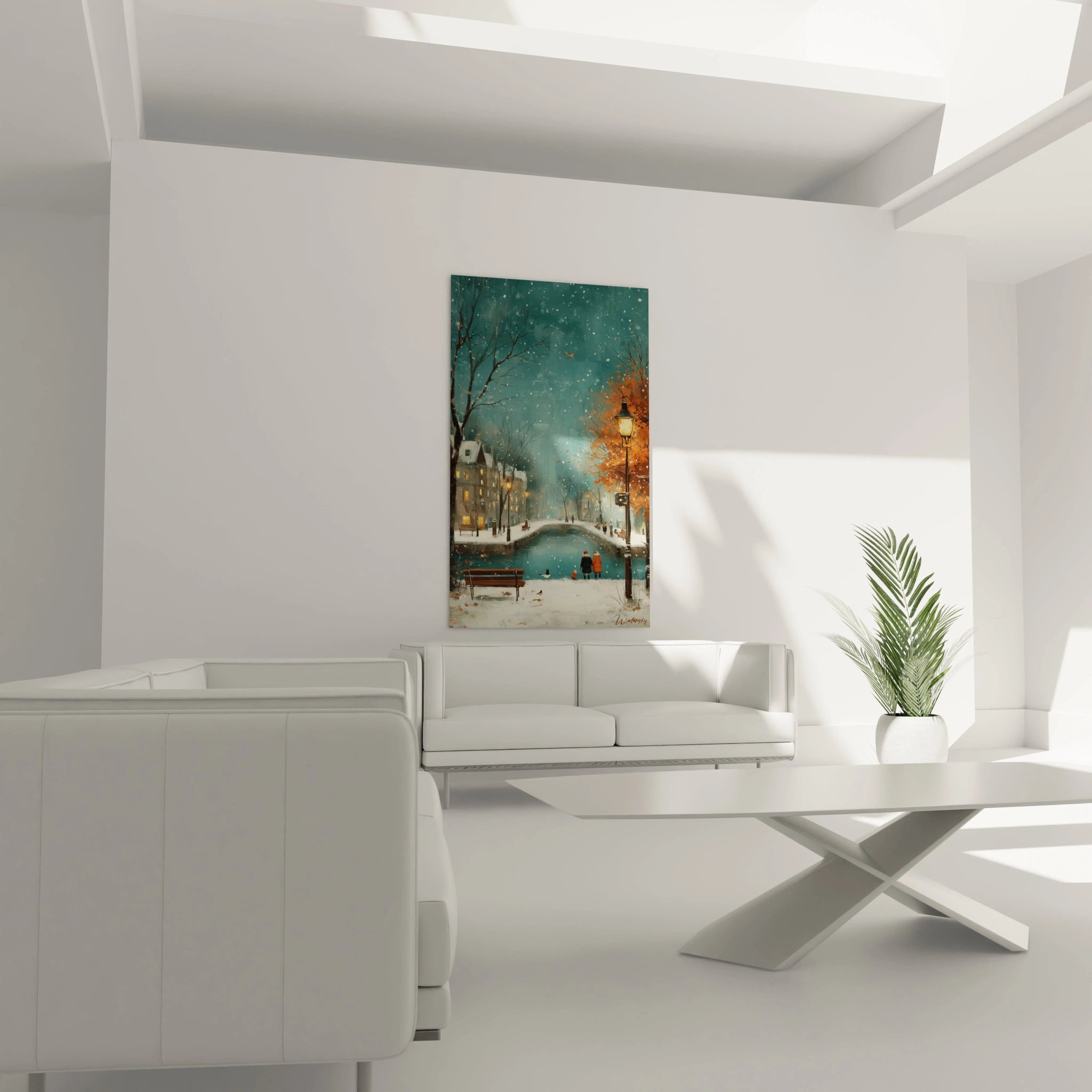 tableau canal hiver Walensky accroche au mur d un salon blanc peinture verticale canal enneigee avec pont et lampadaire