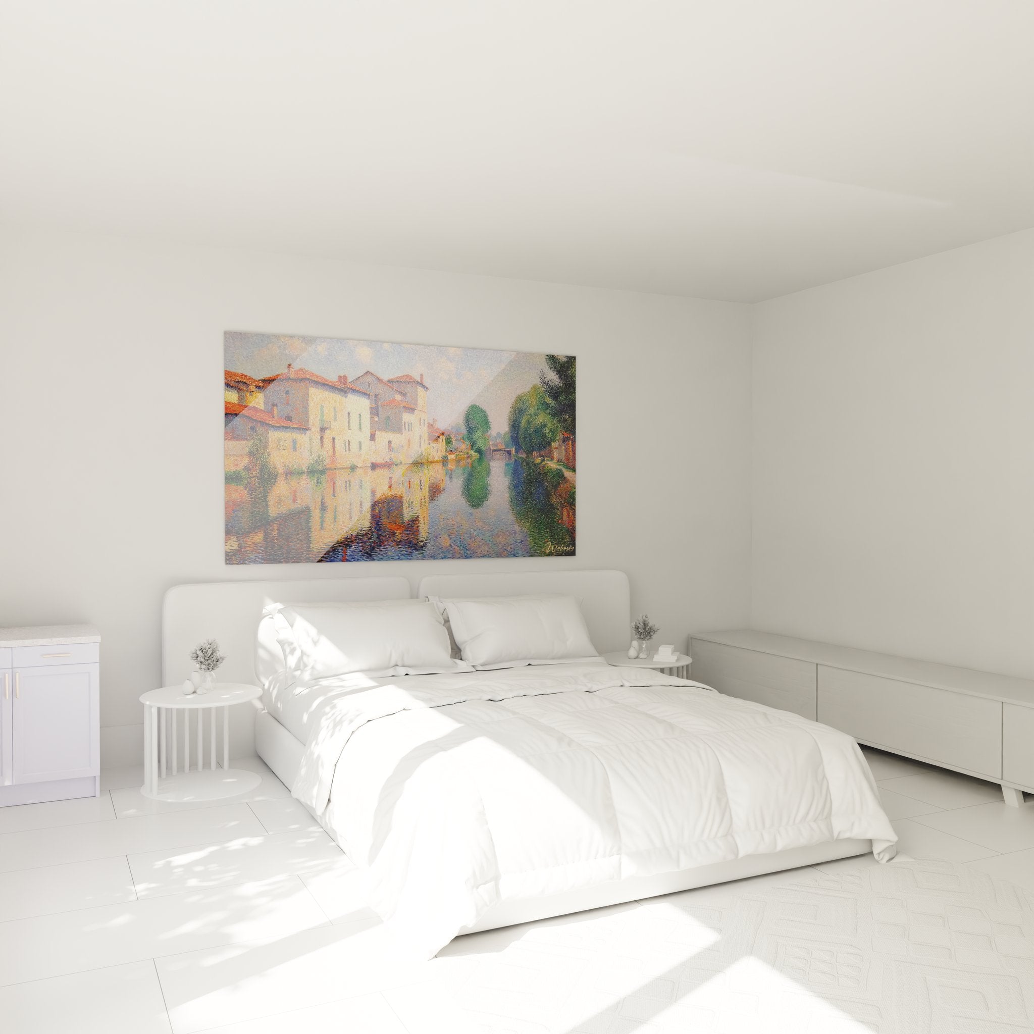 Tableau canal vénitien dans chambre, décoration murale paysage impressionniste reflets dorés ambiance