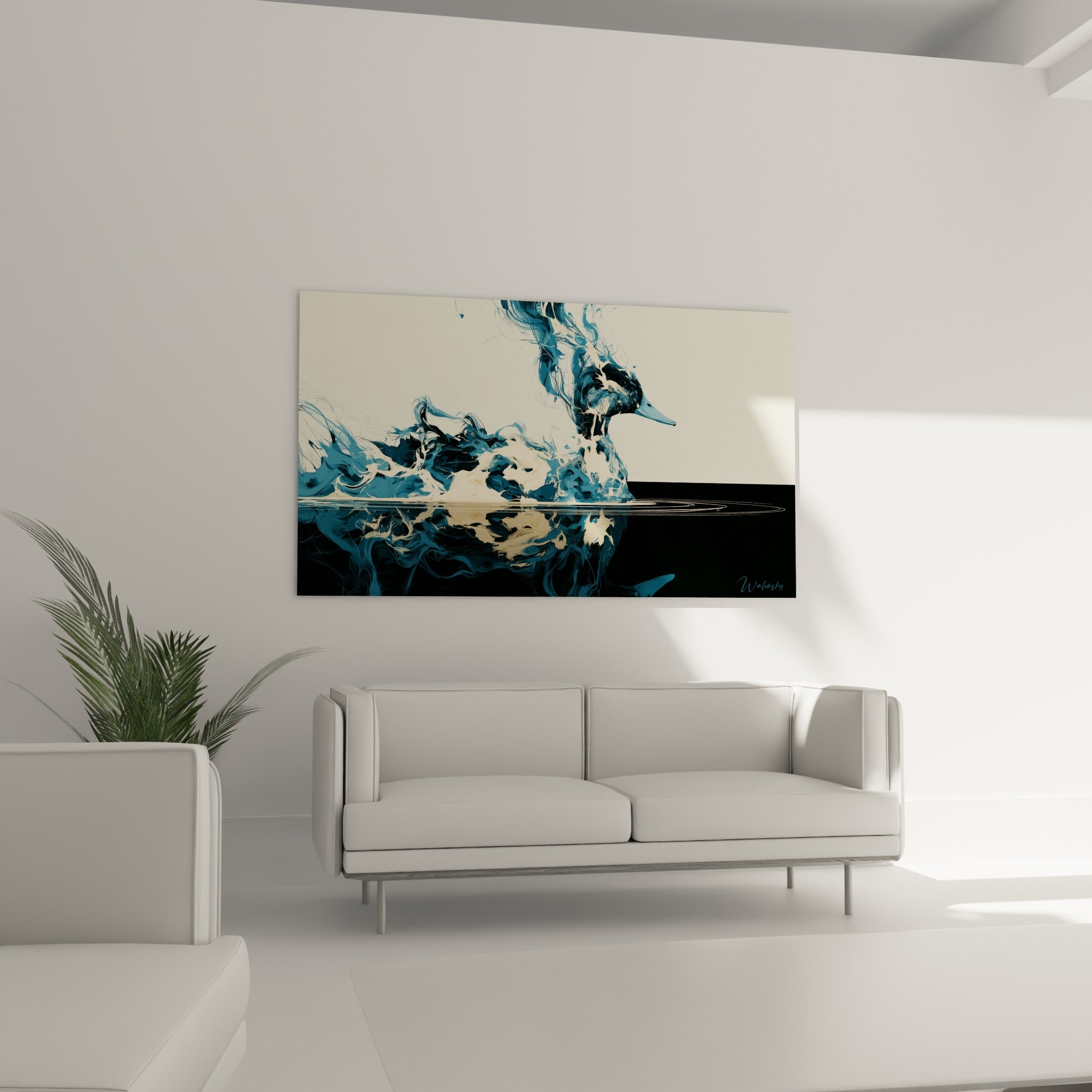 Silhouette de canard en bleu et noir anthracite au-dessus d'un canapé dans un salon lumineux