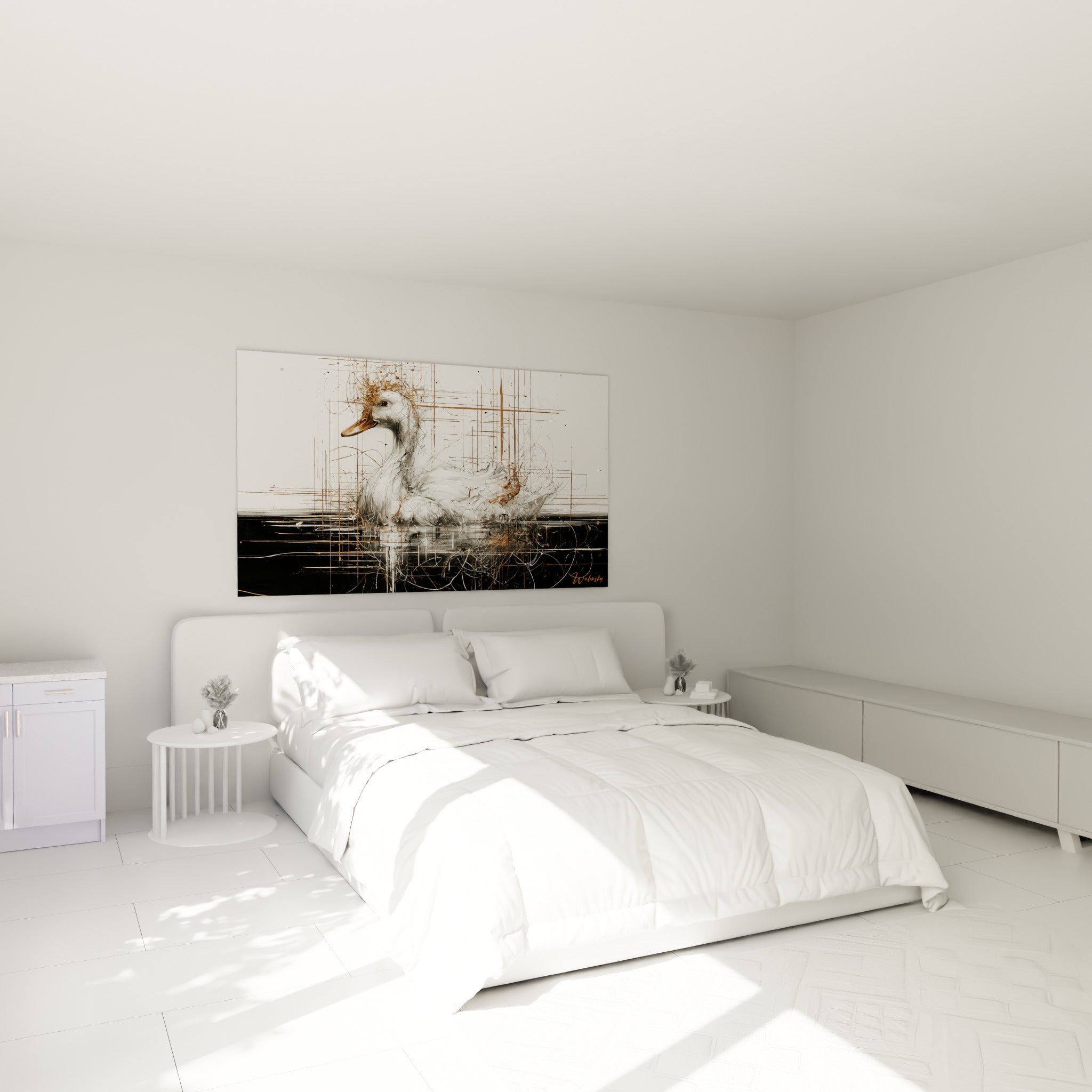 Oiseau blanc aux traits dorés et anthracite, accroché au-dessus d'un lit dans une chambre claire
