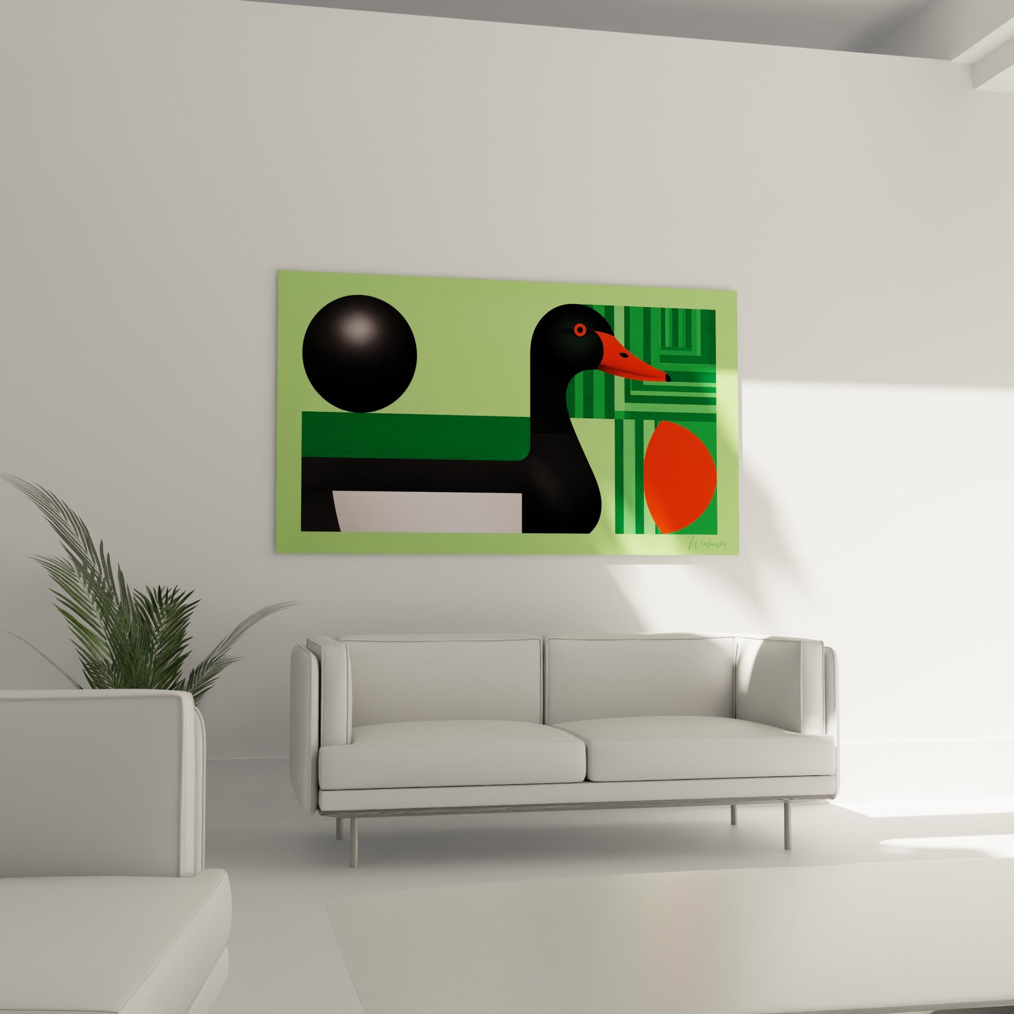 Formes géométriques vertes et noires du canard au-dessus d'un canapé dans un salon lumineux