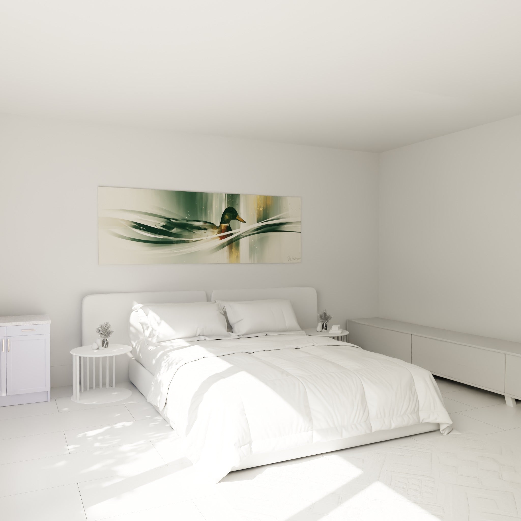 Silhouette du canard aux tons vert sauge et ivoire au-dessus d'un lit dans une chambre claire