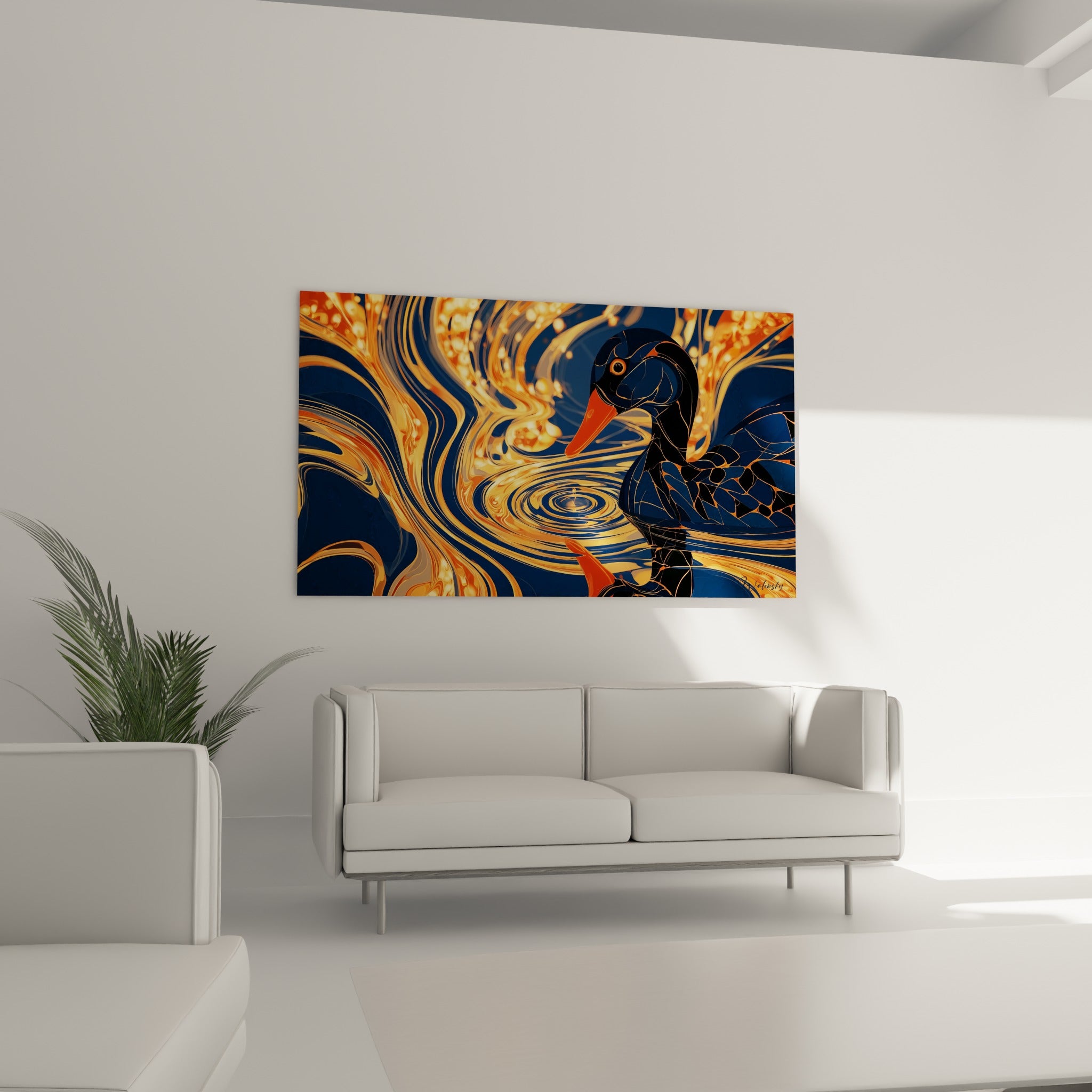 Oiseau aquatique anthracite et orangé, composition tourbillonnante, placé au-dessus d'un canapé dans un salon lumineux