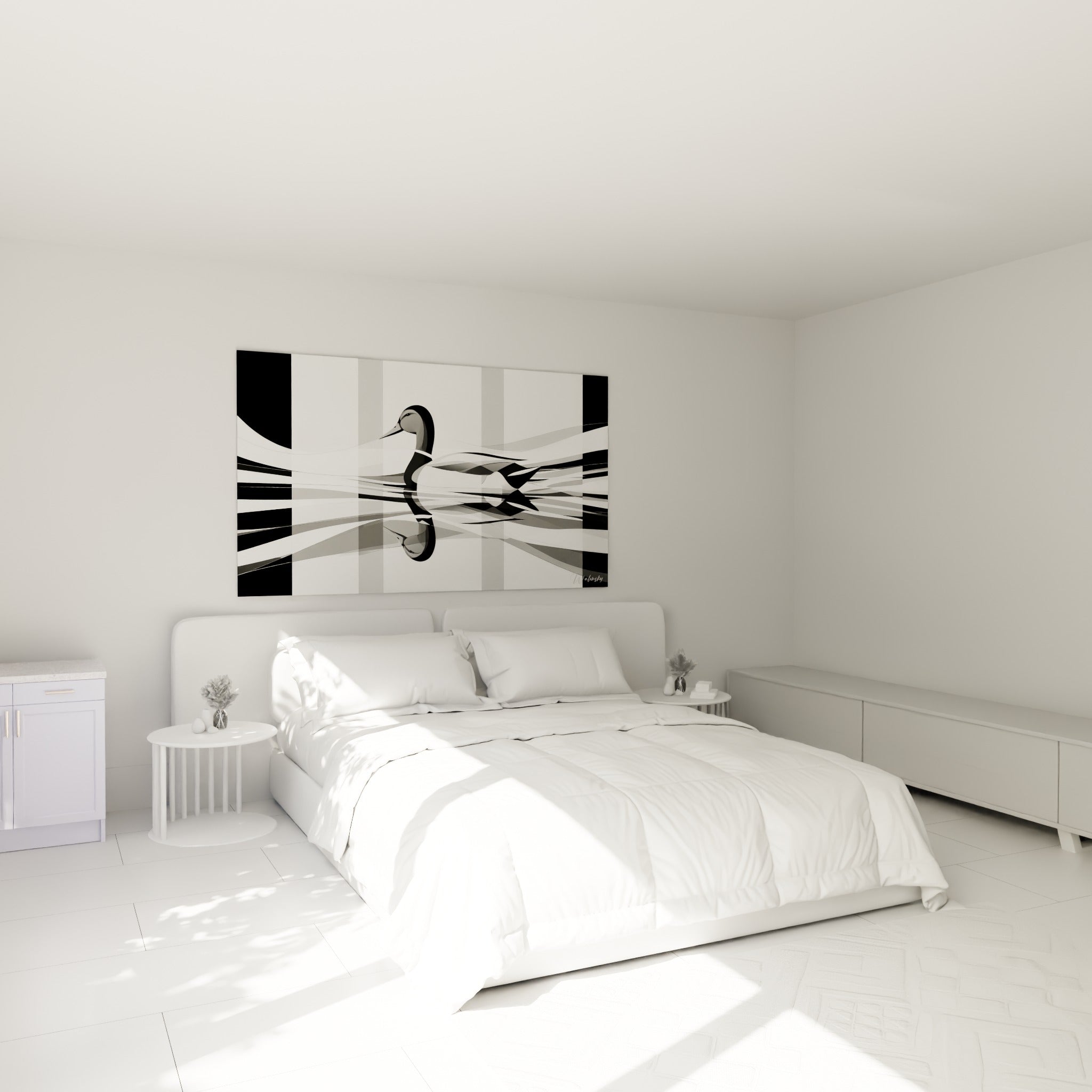 Silhouette de canard aux bandes noires et blanches accrochée au-dessus d'un lit dans une chambre claire