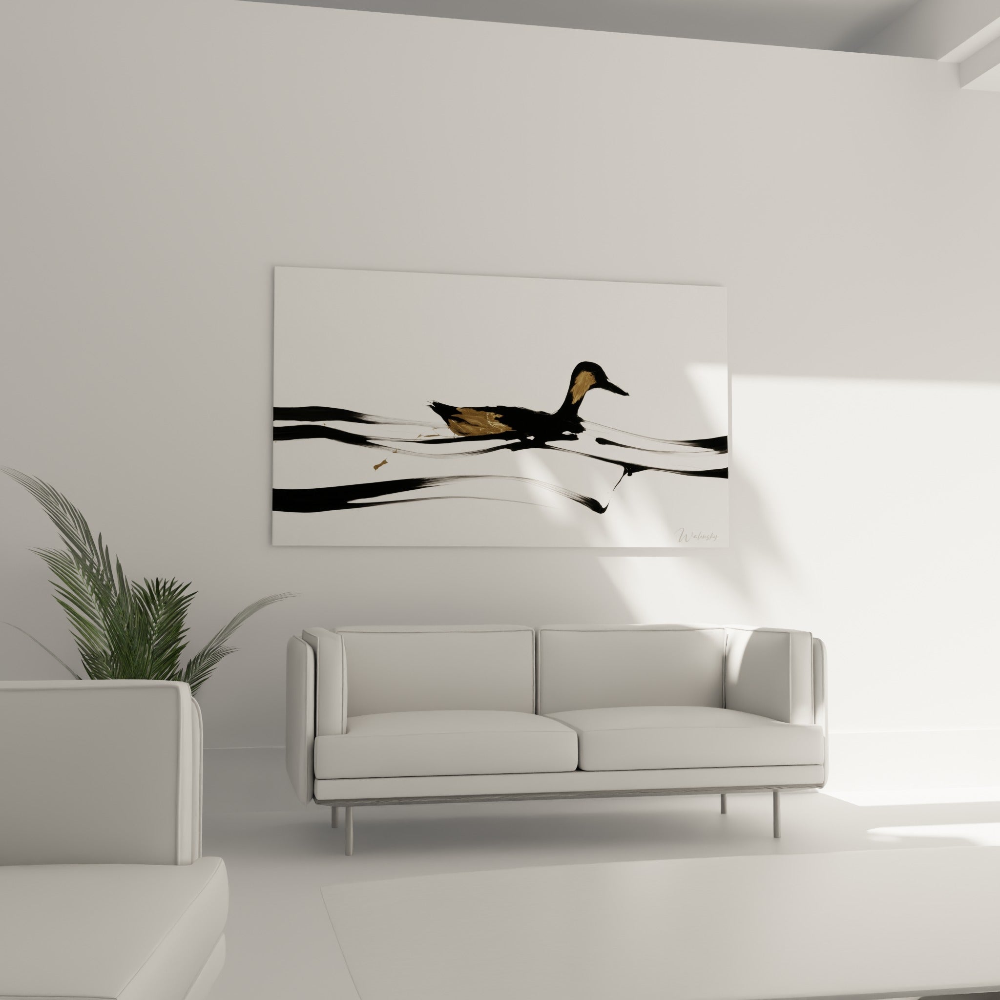 Oiseau aquatique noir aux touches ocre traversant des lignes ondulées, au-dessus d'un canapé dans un salon lumineux