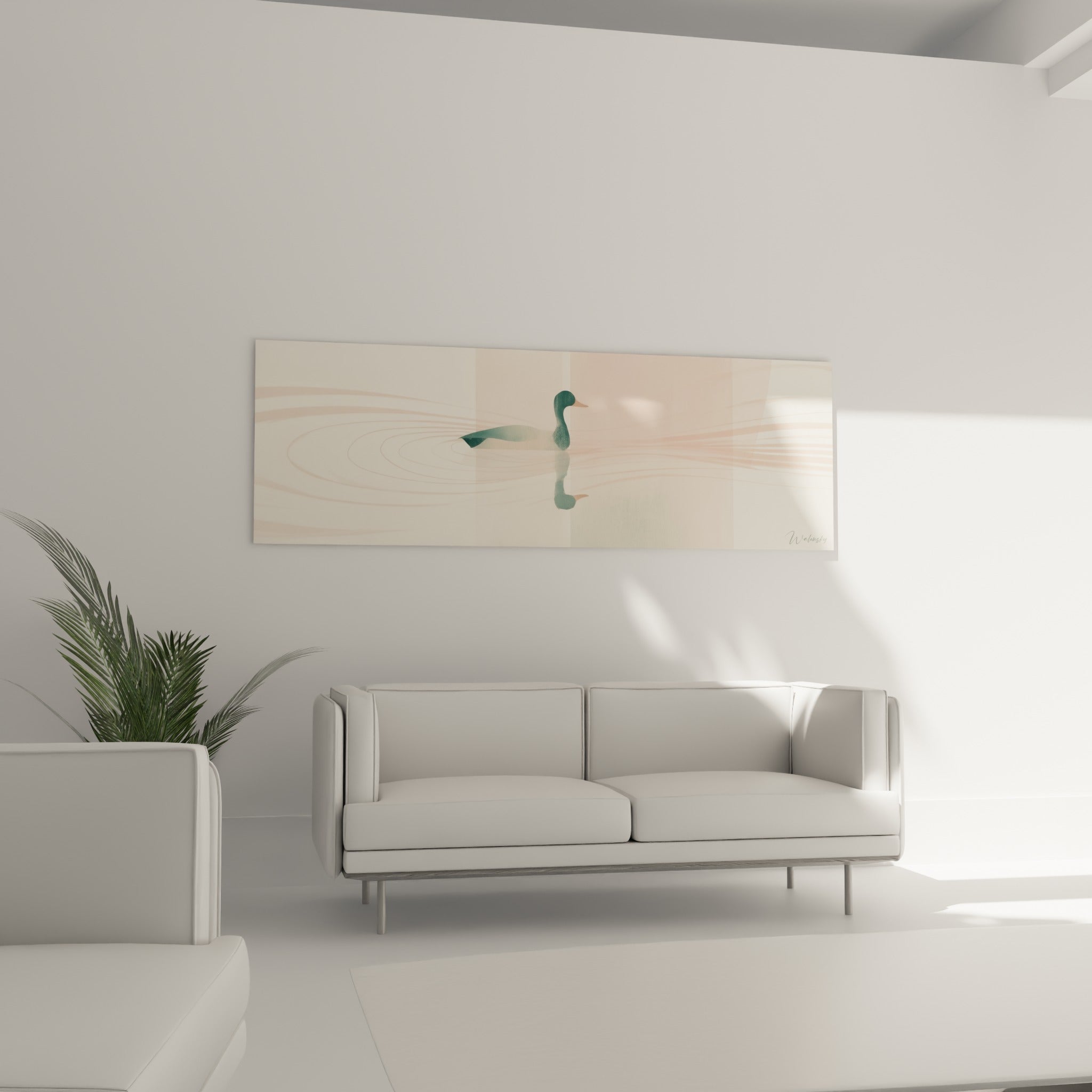 Canard aquarelle vert et crème flottant sereinement, placé au-dessus d'un canapé dans un salon lumineux
