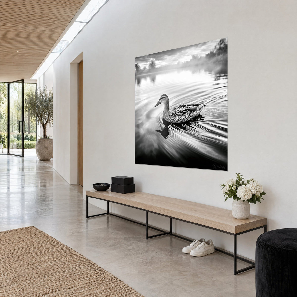 Tableau cane nageant dans un halo d'anneaux argentés, reflet noir sous le ventre, brume pâle, au mur d'un couloir d'architecte