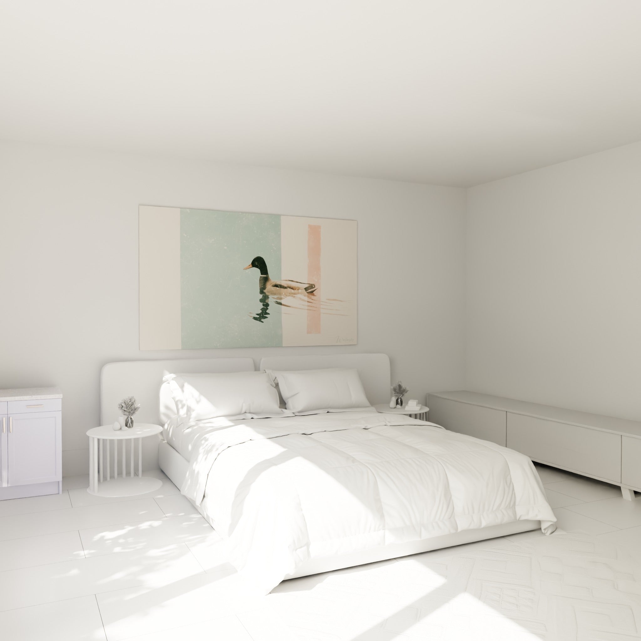 Canard glissant sur eau calme, tons vert d'eau et corail, au-dessus d'un lit dans une chambre claire