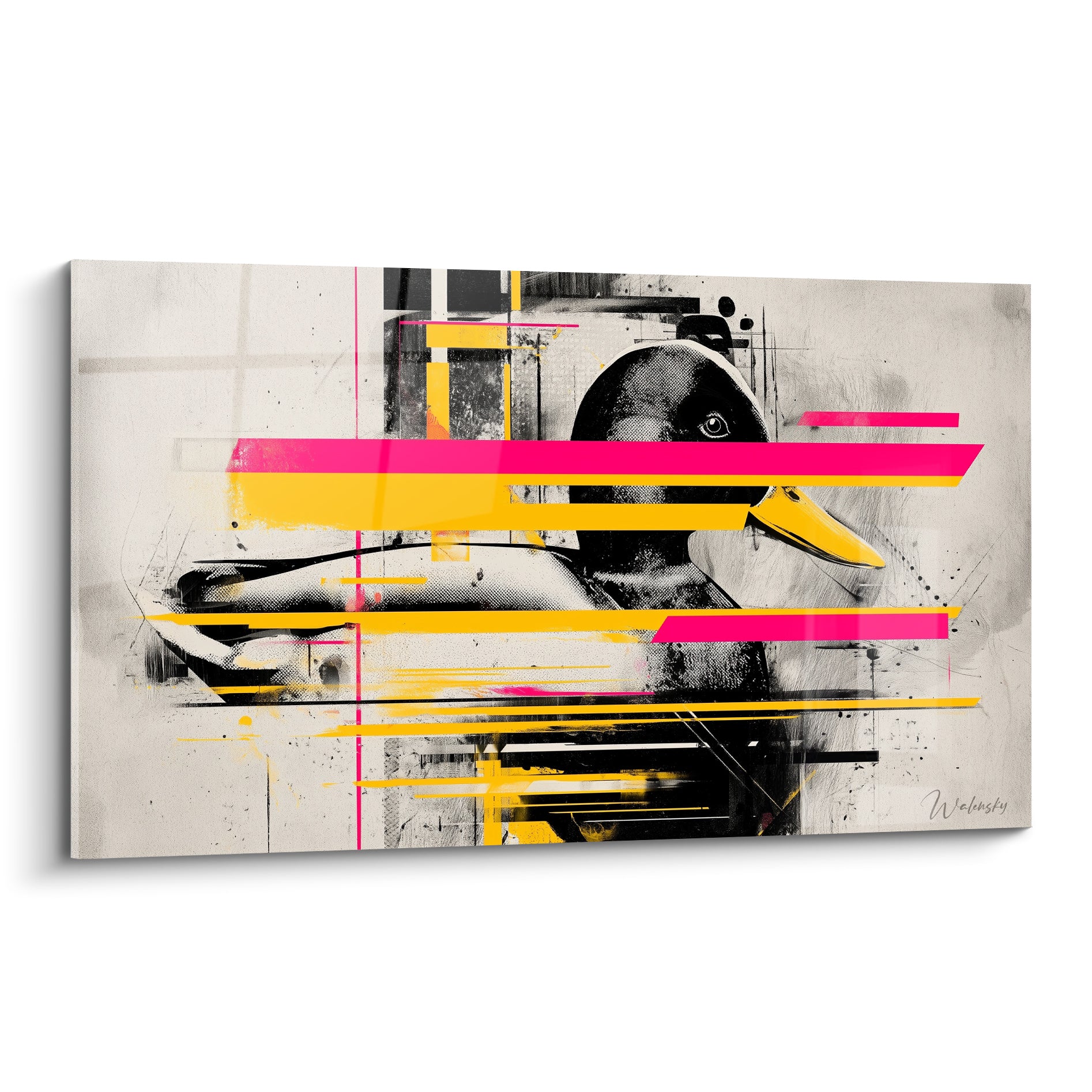 Canard noir au bec jaune traversé de bandes fluo rose et jaune sur fond texturé beige