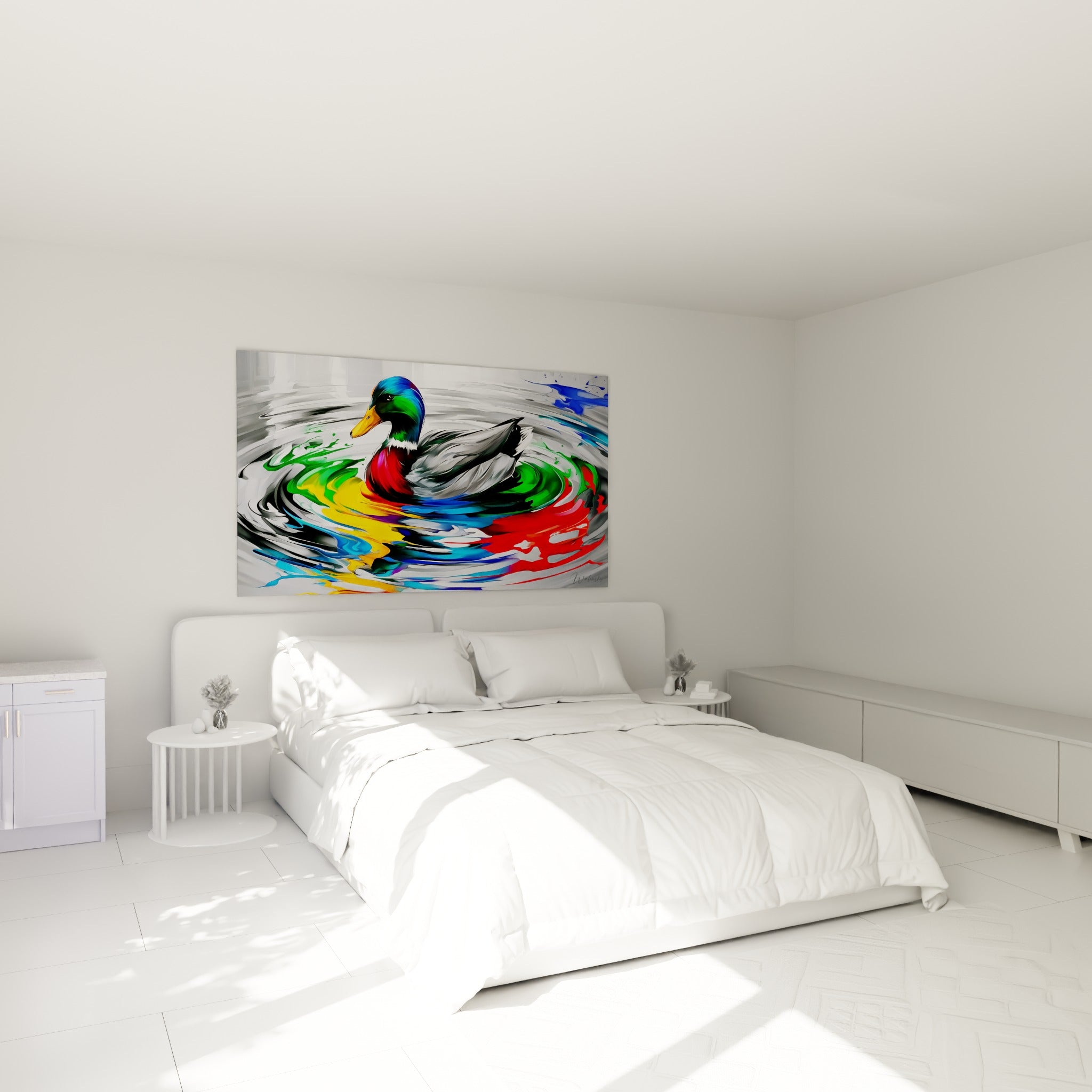 Colvert au bec doré entouré d'éclaboussures bleues et rouges au-dessus d'un lit dans une chambre claire