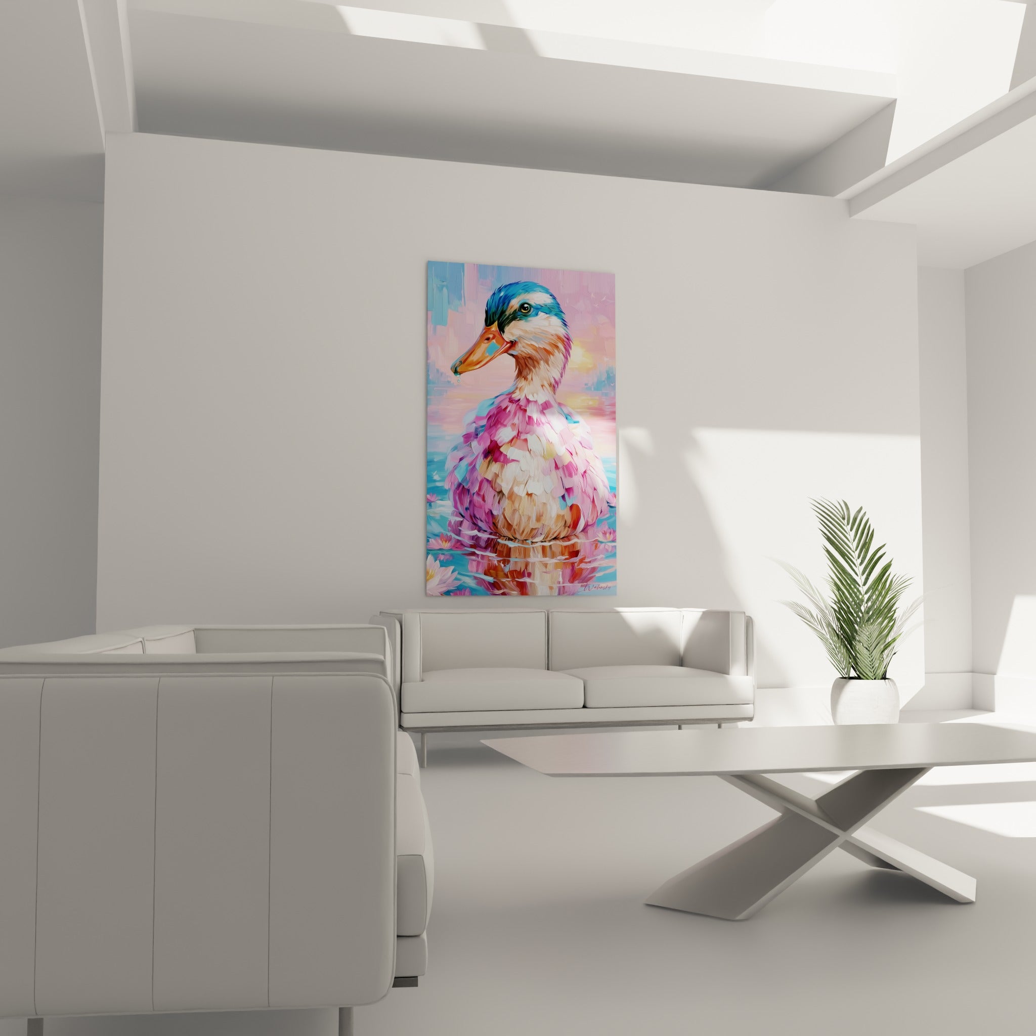Bec orangé et reflets aquatiques roses du canard en peinture expressive, au-dessus d'un canapé dans un salon lumineux