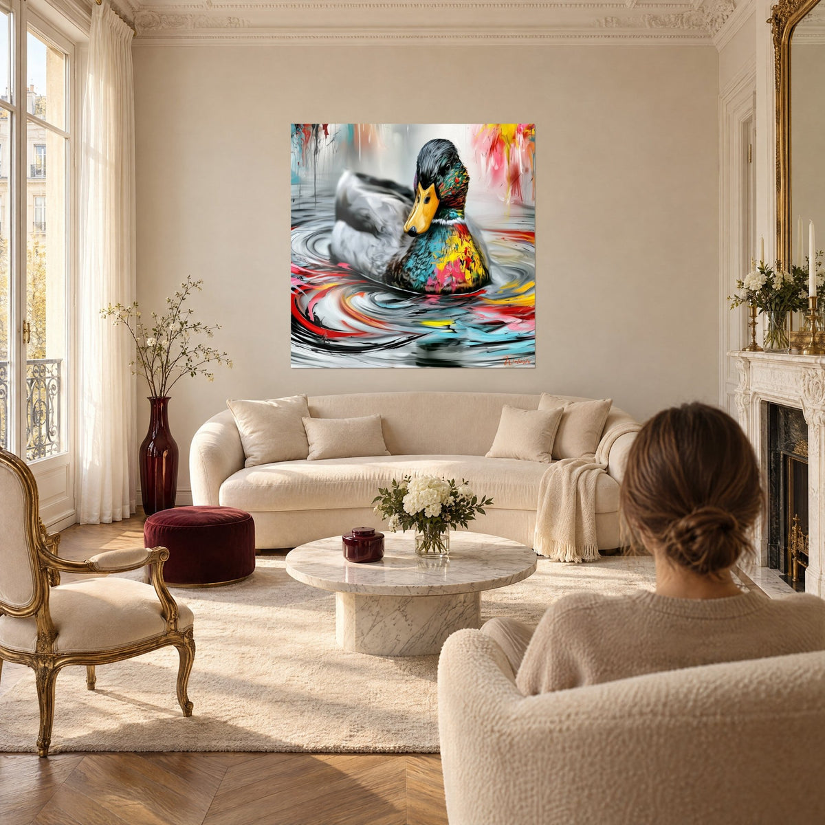 Cuadro de ánade real con plumaje turquesa y amarillo salpicado de pintura, pico dorado, sobre un sofá en un salón luminoso