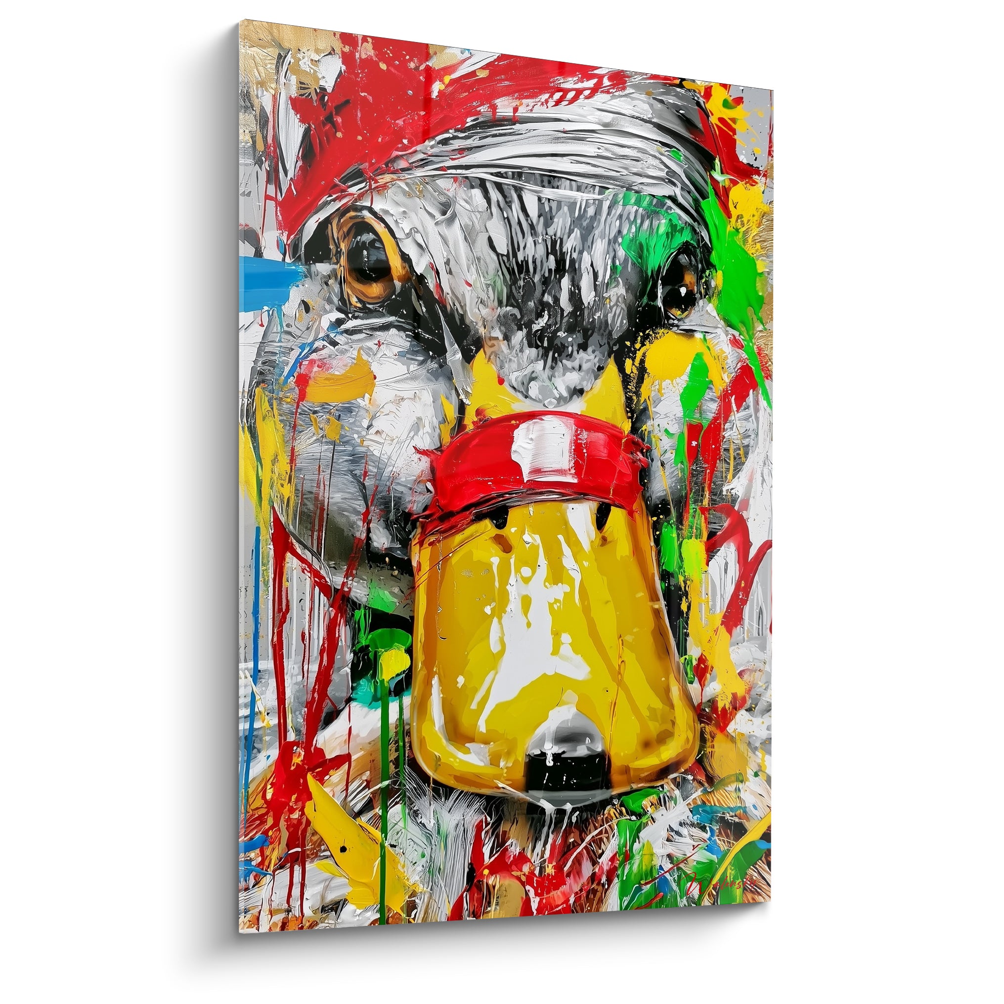 Canard au bec jaune éclatant et taches rouges, style éclaboussé sur fond gris et blanc