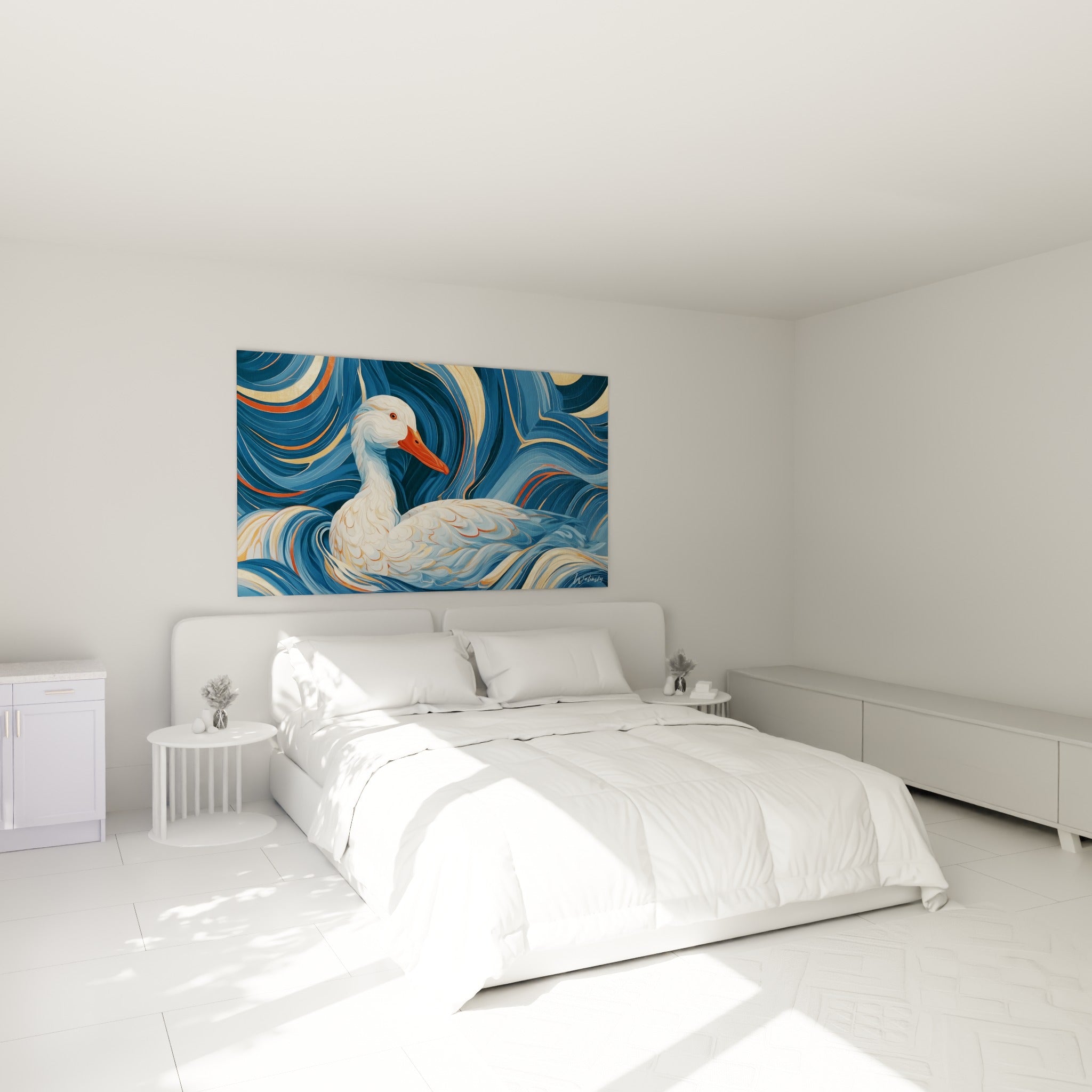 Canard blanc entouré de vagues bleu pastel et orange, accroché au-dessus d'un lit dans une chambre claire