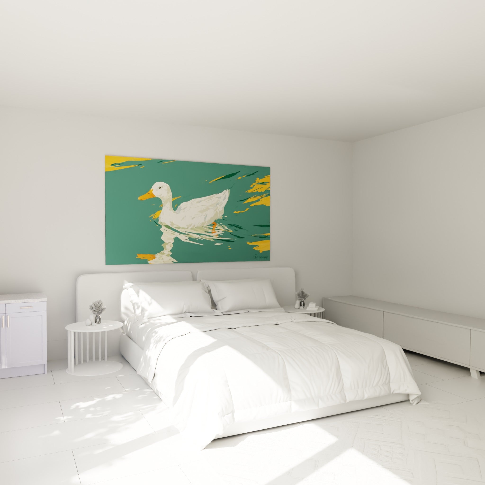 Canard blanc et doré glissant sur l'eau émeraude, accroché au-dessus d'un lit dans une chambre claire
