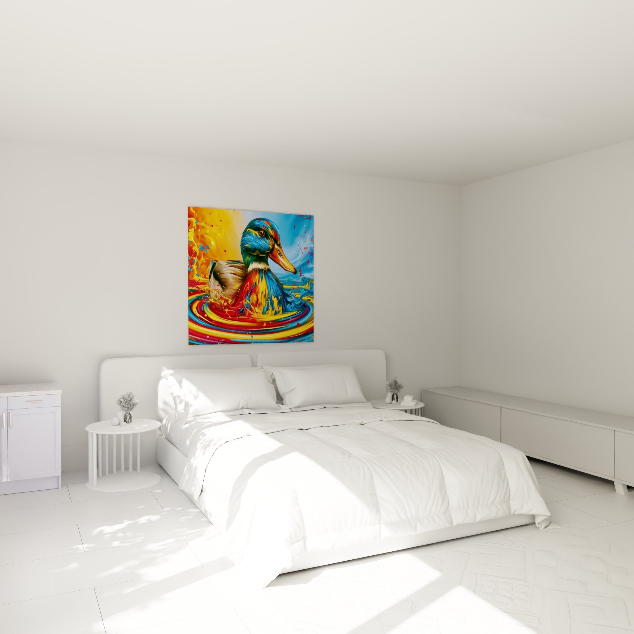 Plumage bleu et rouge du canard peint au-dessus d'un lit dans une chambre claire
