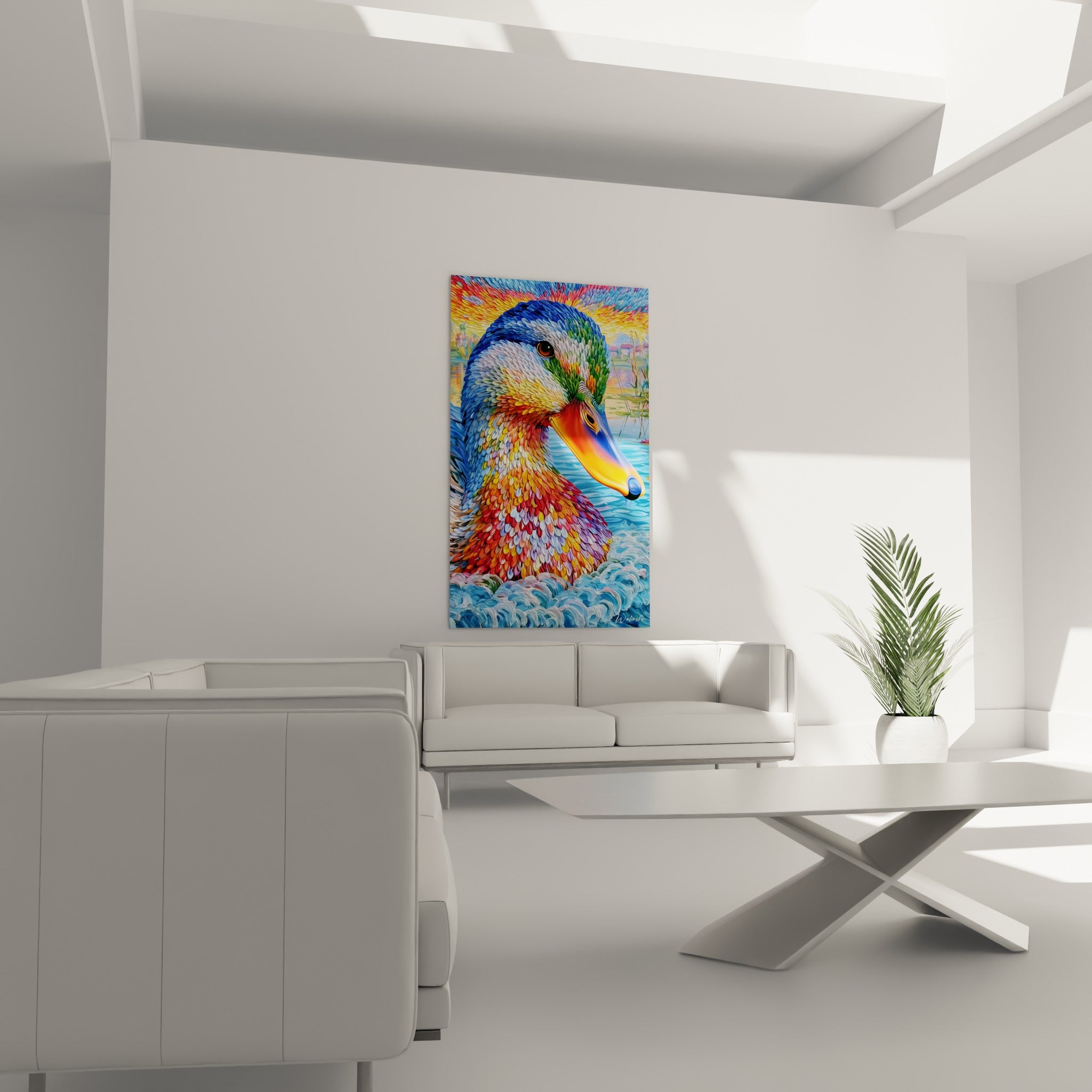 Bec orangé et regard perçant du canard multicolore au-dessus d'un canapé dans un salon lumineux