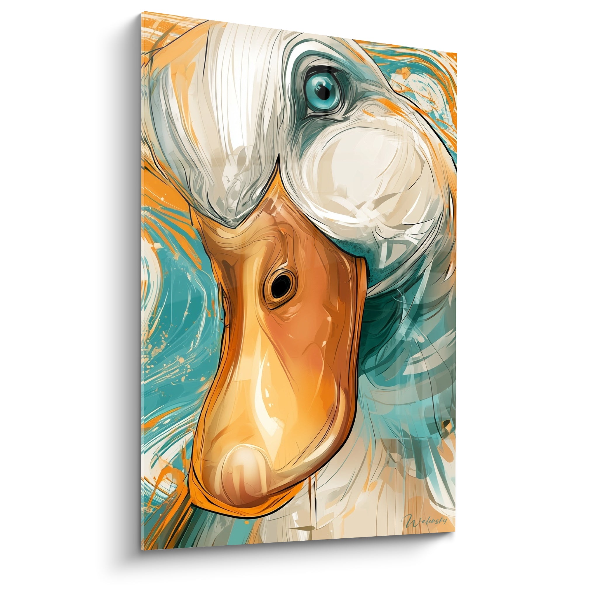 Canard au bec orangé et œil turquoise perçant, traits graphiques sur fond de remous bleutés