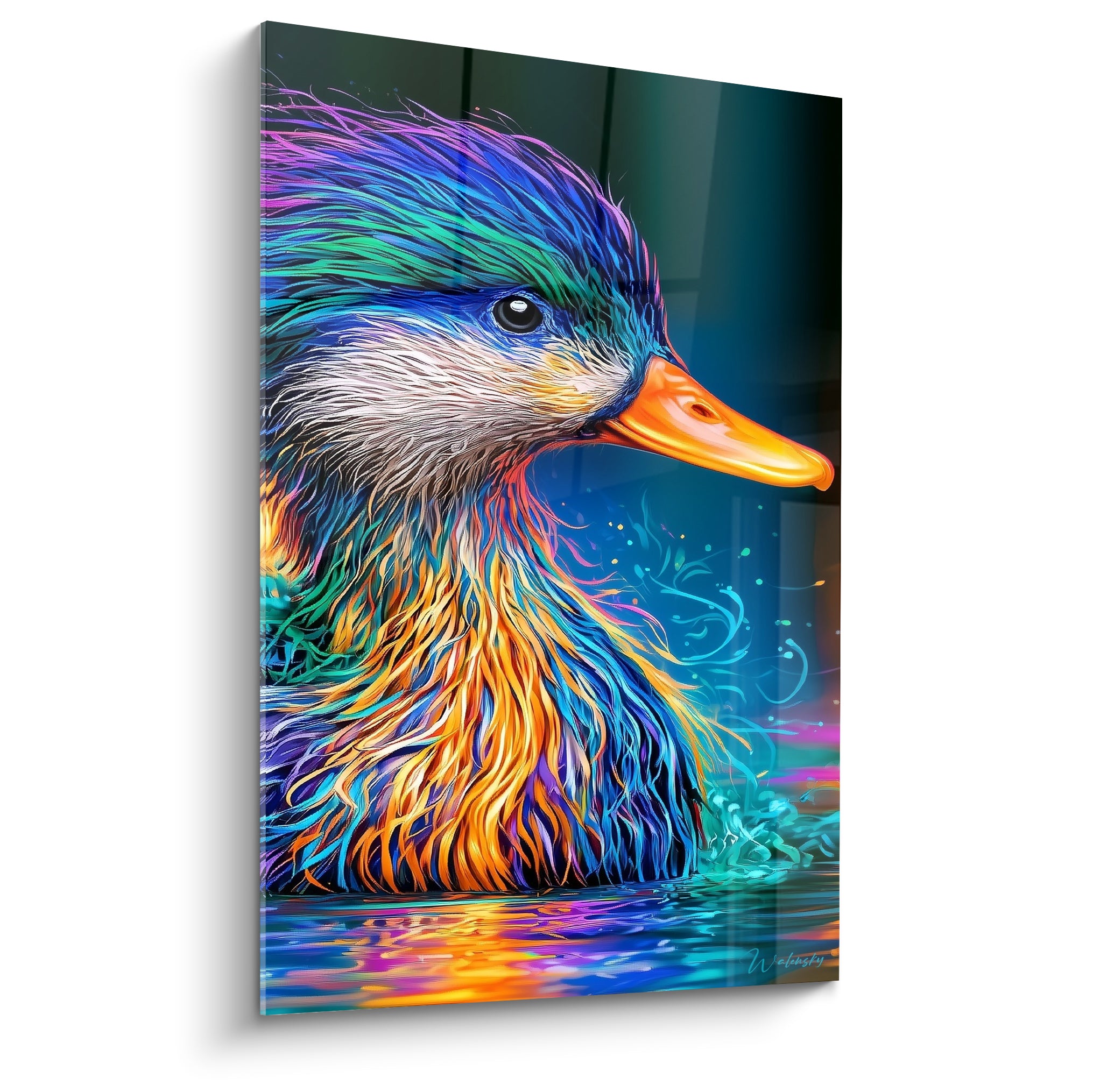 Canard au bec orange et plumage bleu turquoise sur fond sombre, style graphique numérique intense