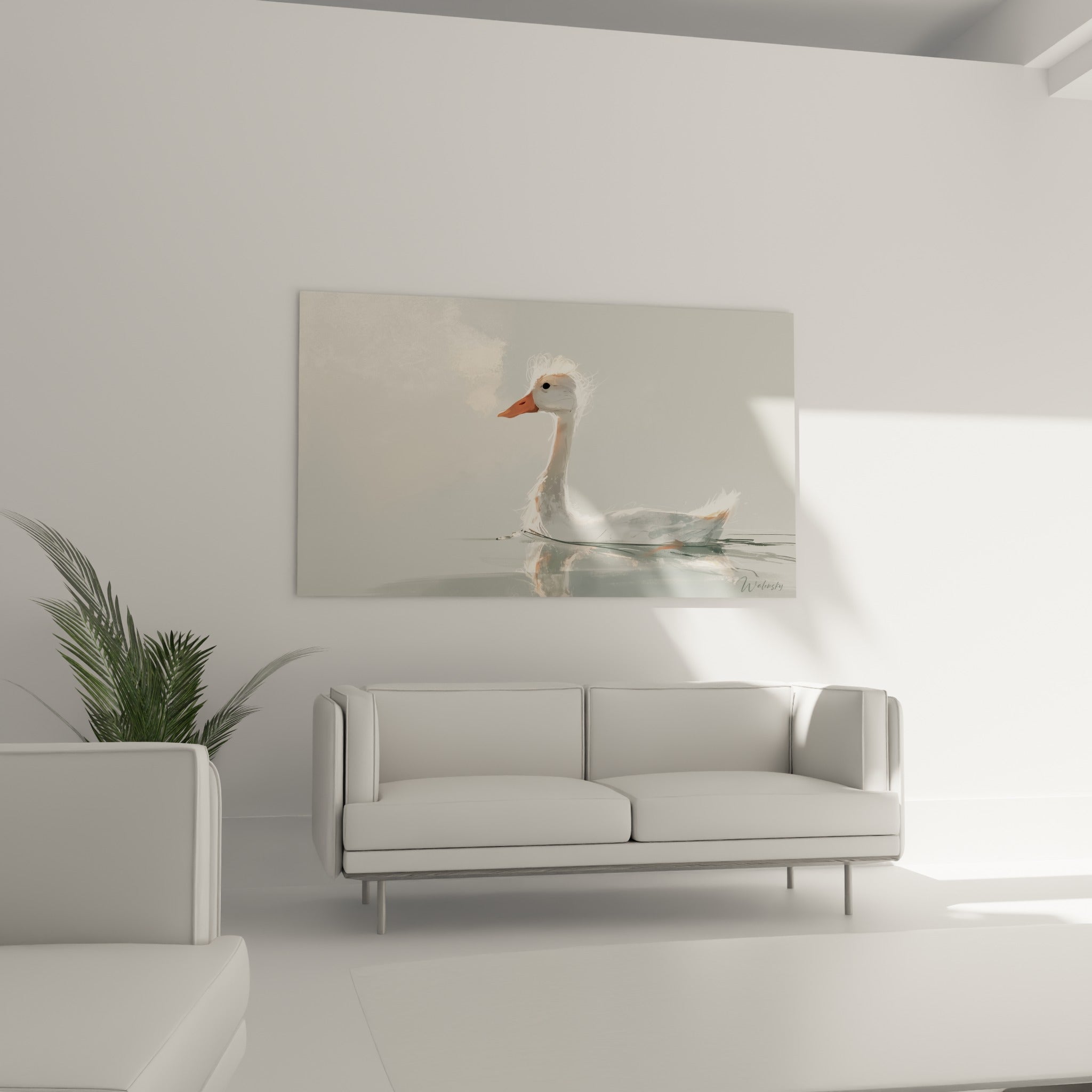 Volatile blanc au reflet anthracite sur une eau calme, disposé au-dessus d'un canapé dans un salon lumineux