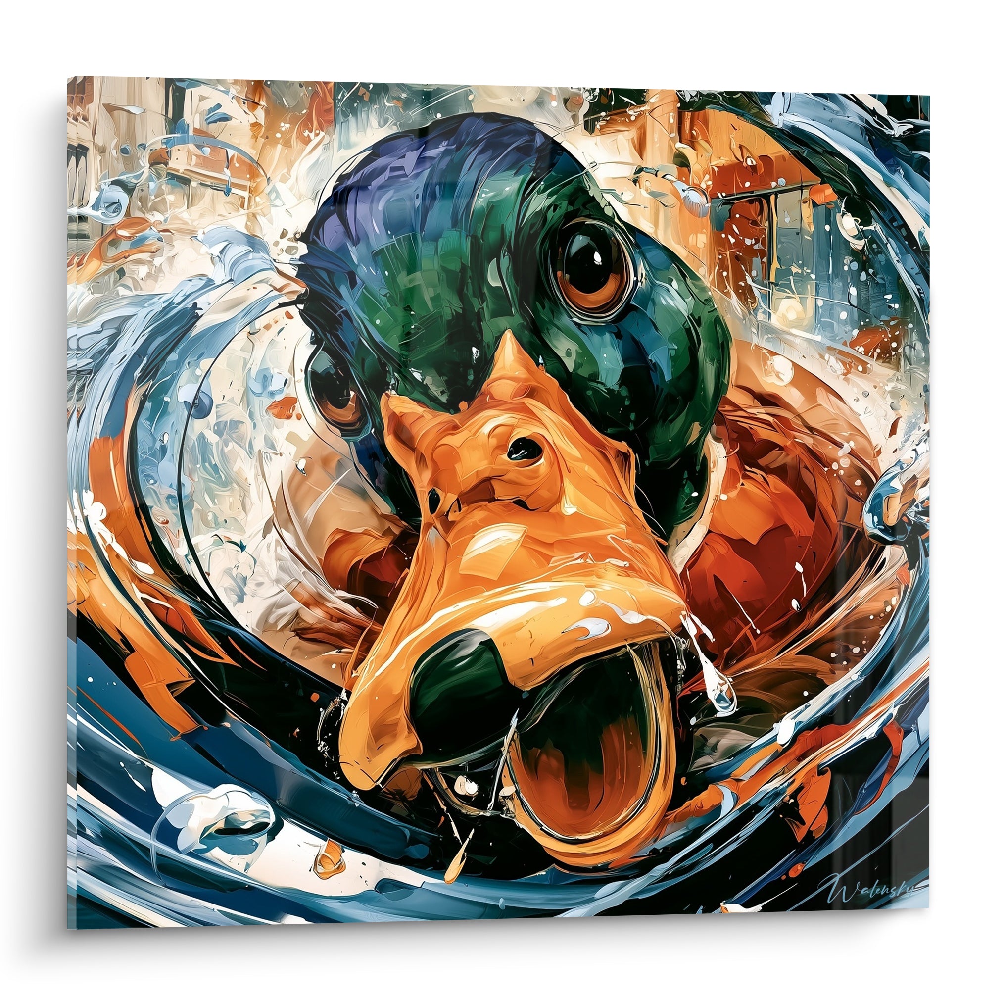 Canard au bec orange grand ouvert et plumage vert émeraude dans un tourbillon bleu marine