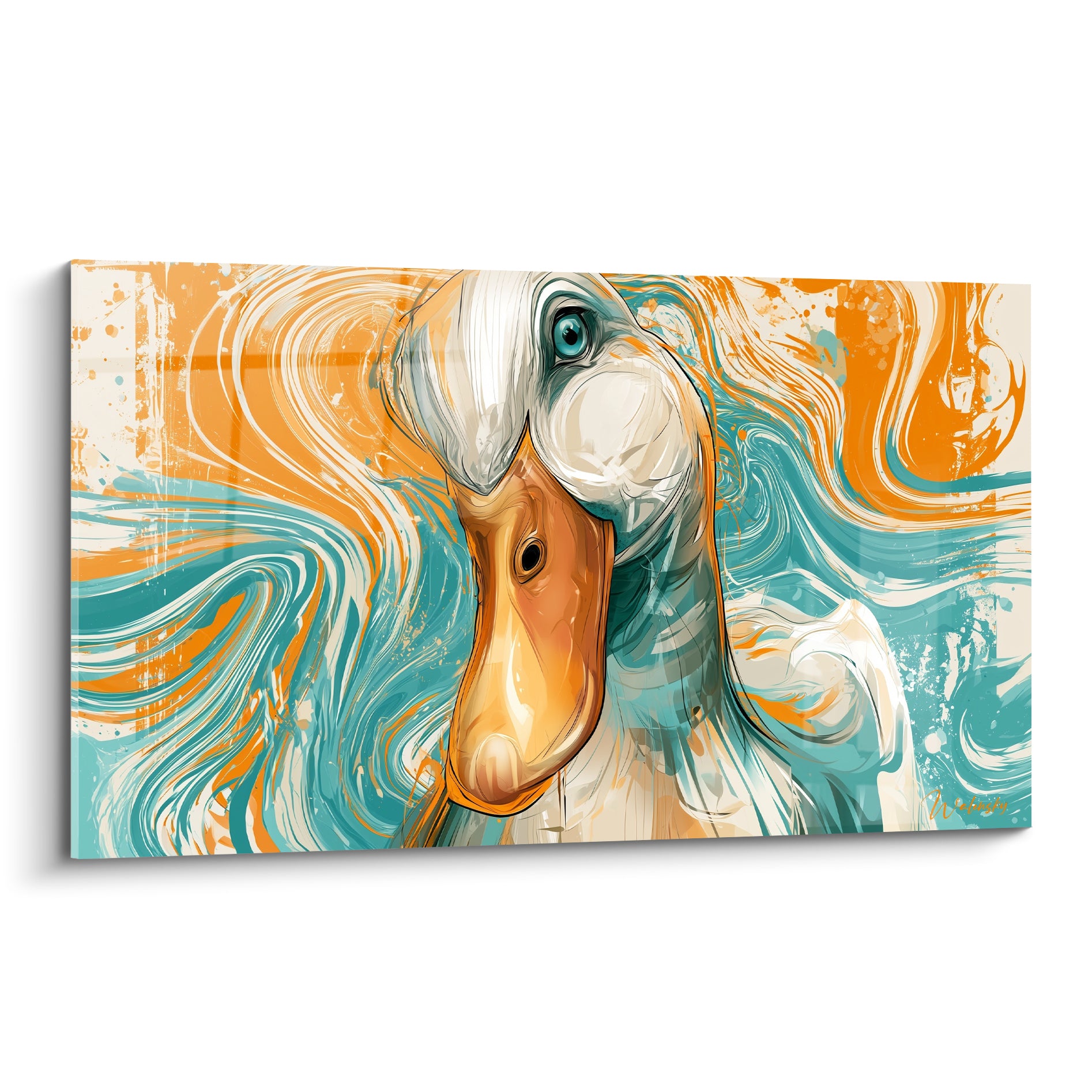 Canard blanc au bec orangé, œil bleu vif, entouré de tourbillons turquoise et orange