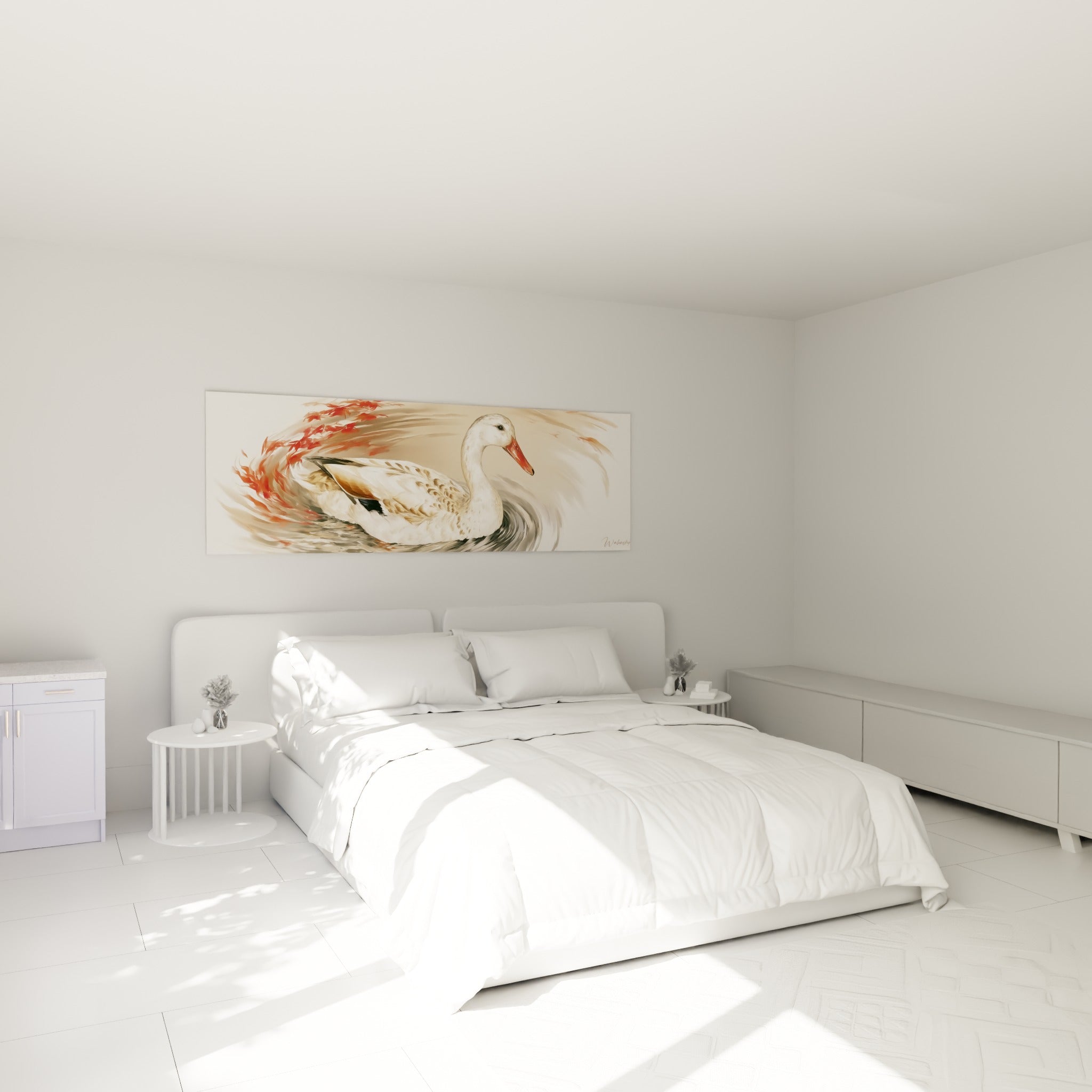 Oiseau aquatique beige et roux glissant sur l'eau, au-dessus d'un lit dans une chambre claire