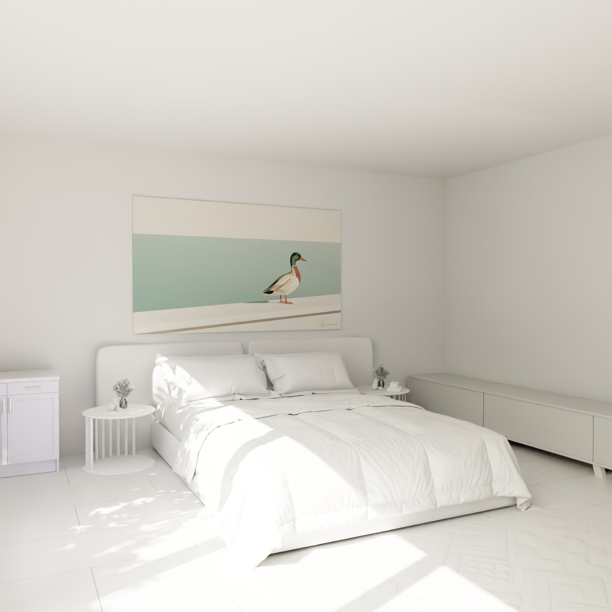 Silhouette de canard aux teintes beige et vert accrochée au-dessus d'un lit dans une chambre claire