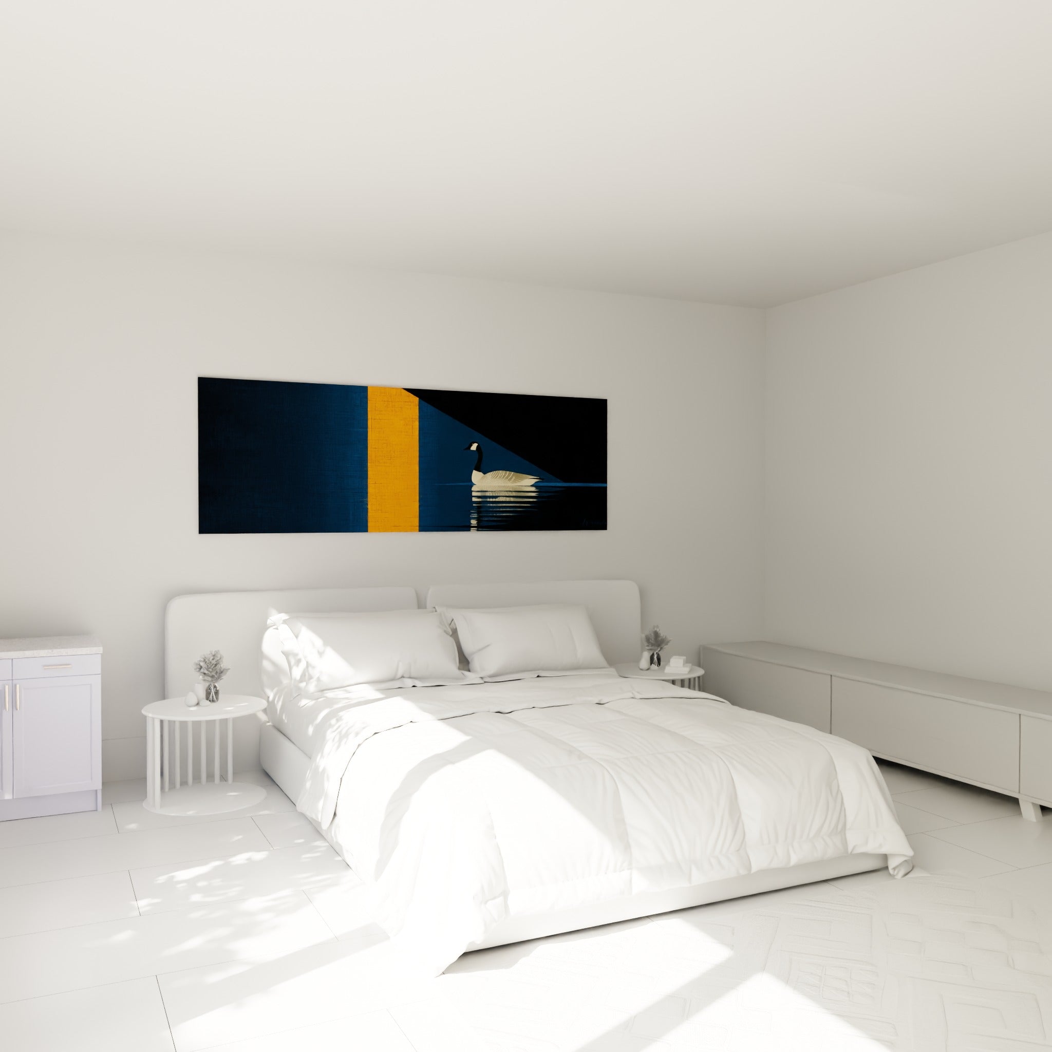 Silhouette de bernache flottant entre bleu nuit et ocre, au-dessus d'un lit dans une chambre claire