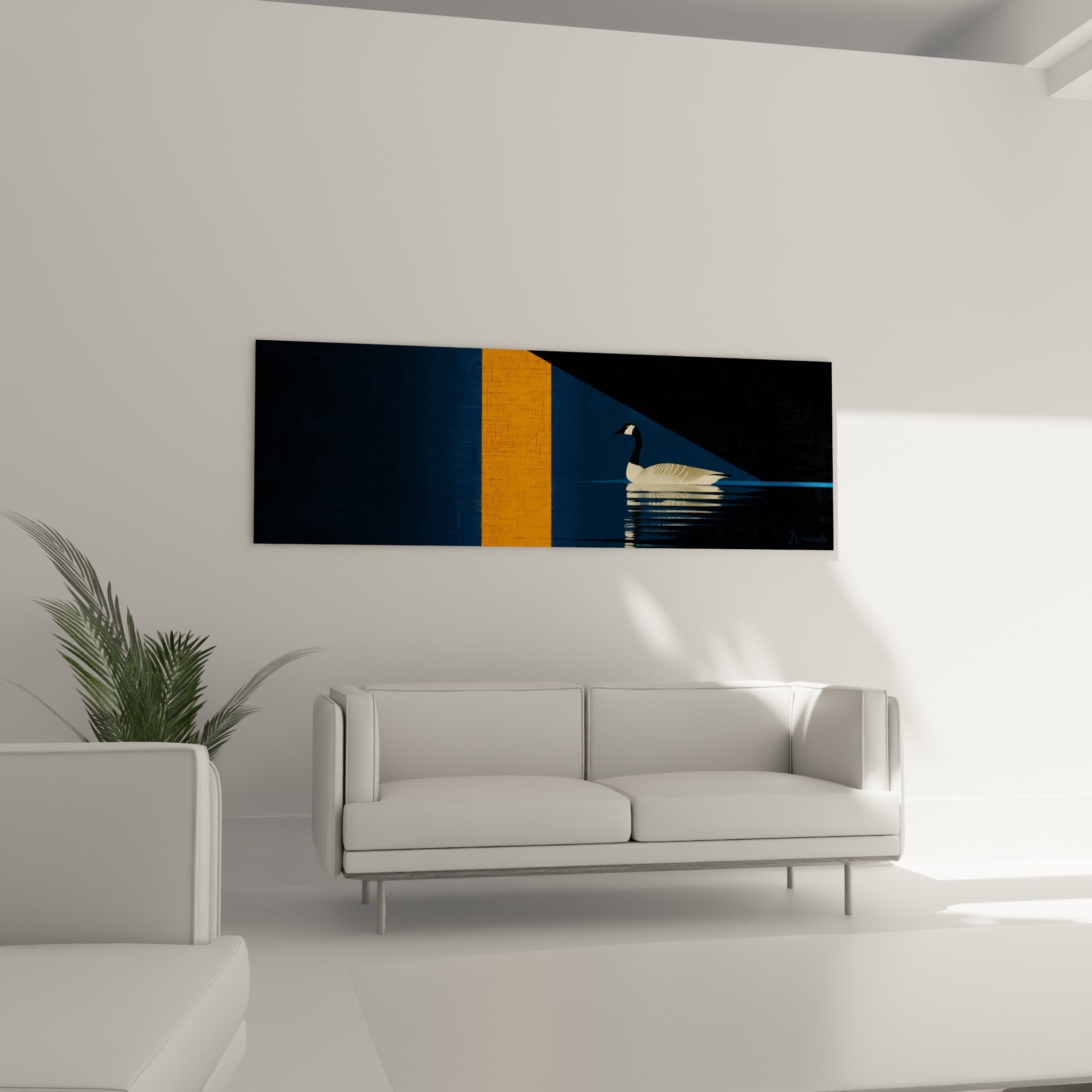 Oiseau aquatique blanc et noir traversant une composition bleu marine et orange, au-dessus d'un canapé dans un salon lumineux