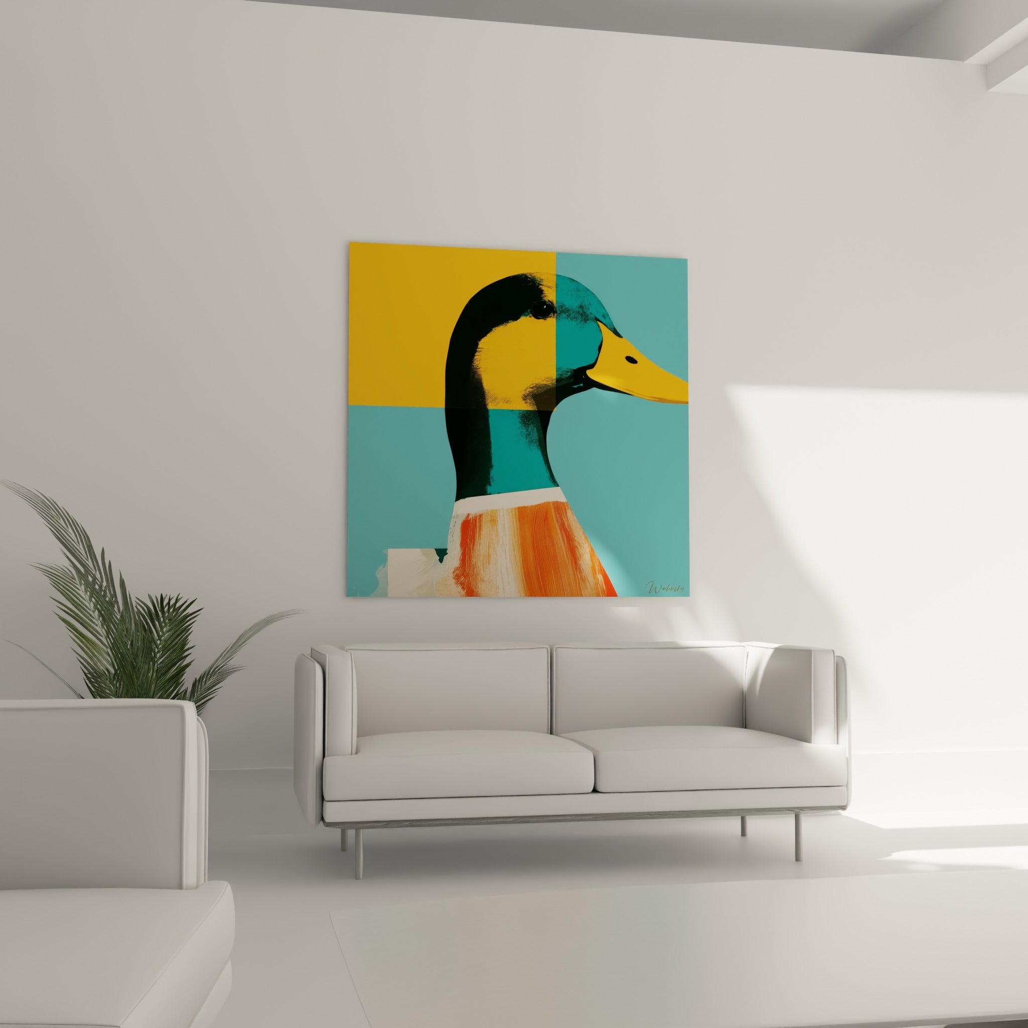 Portrait de canard turquoise et jaune moutarde suspendu au-dessus d'un canapé dans un salon lumineux