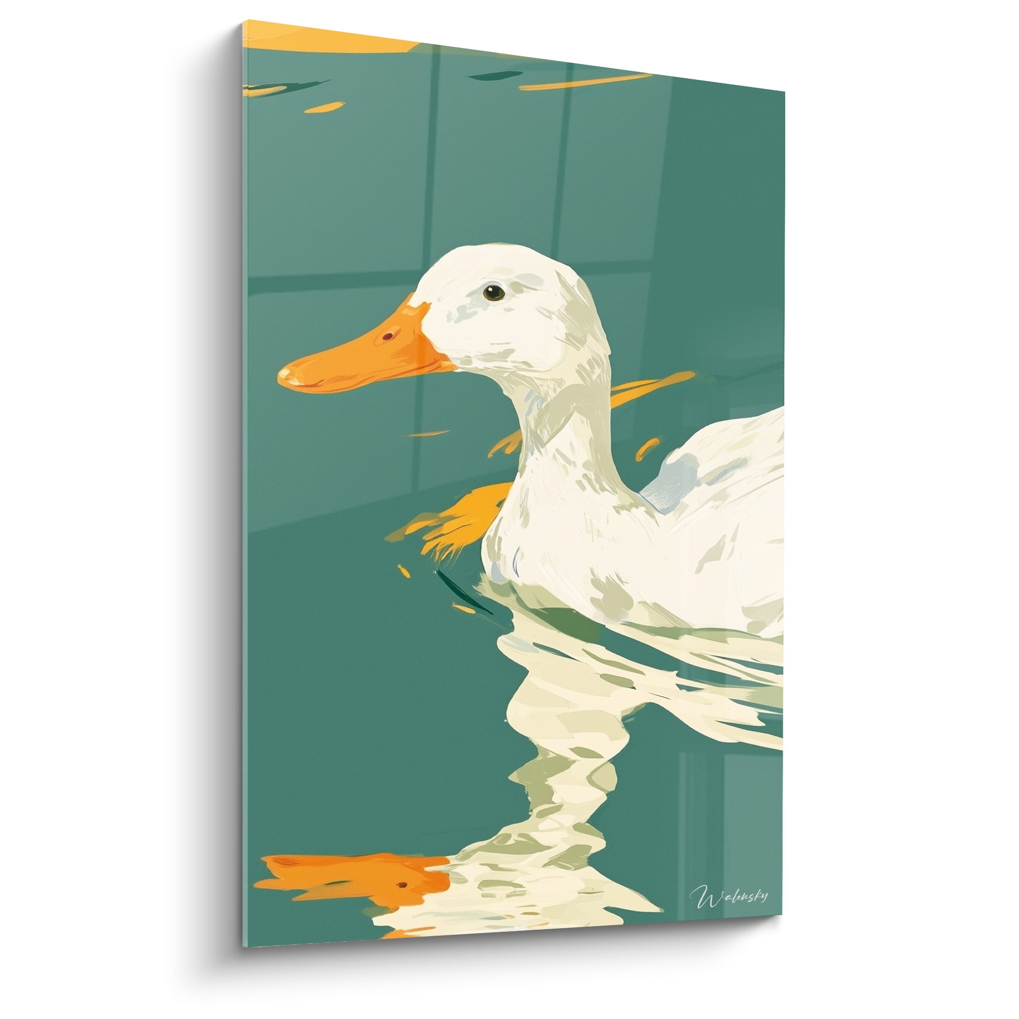 Canard blanc au bec orange glissant sur une eau turquoise profonde, style graphique épuré