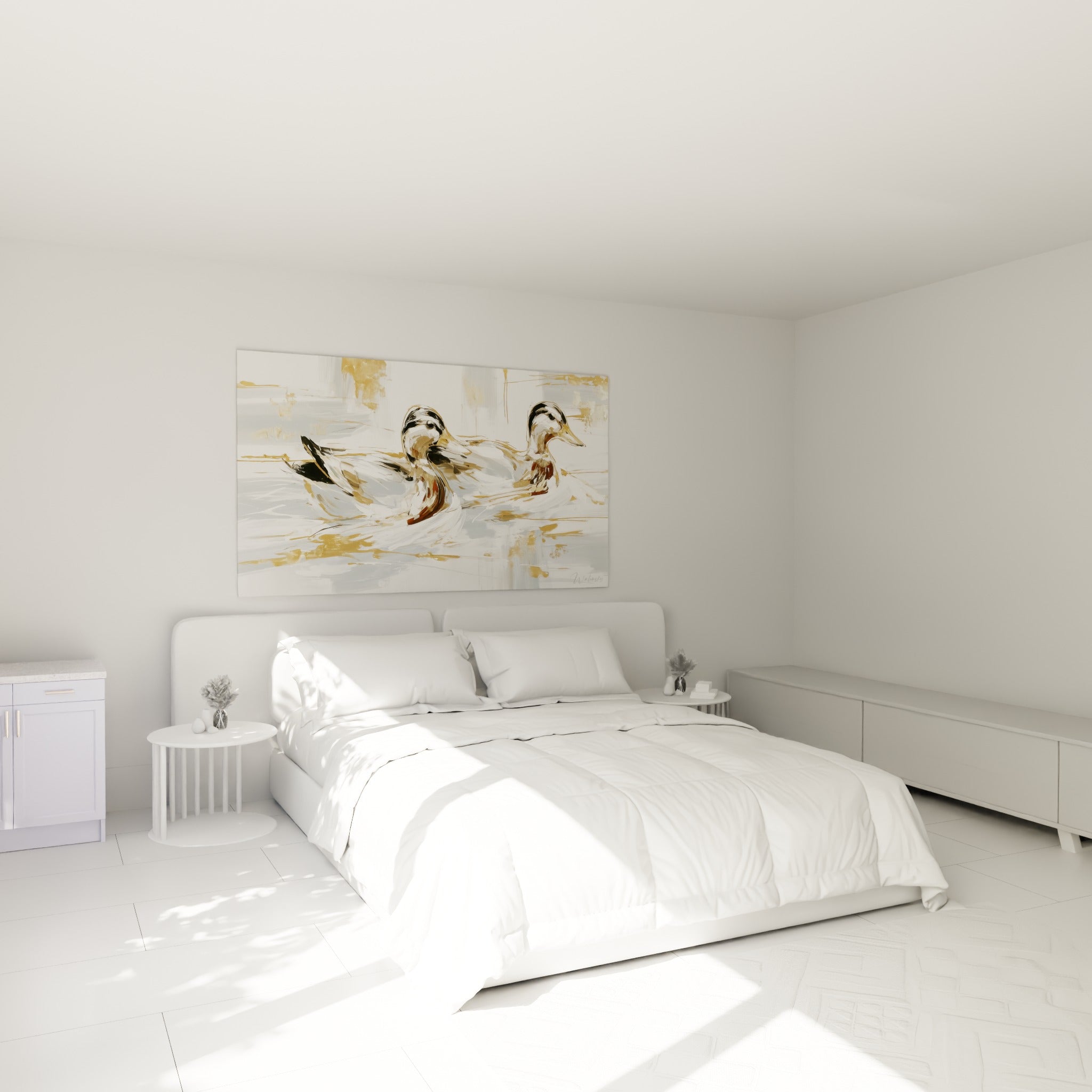 Duo de canards dorés nageant sur eau blanche, au-dessus d'un lit dans une chambre claire