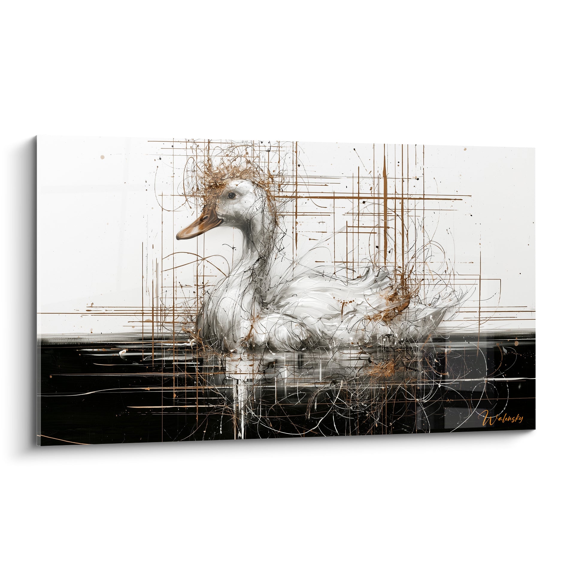 Canard blanc au plumage détaillé, entouré de fils dorés et noirs sur fond clair