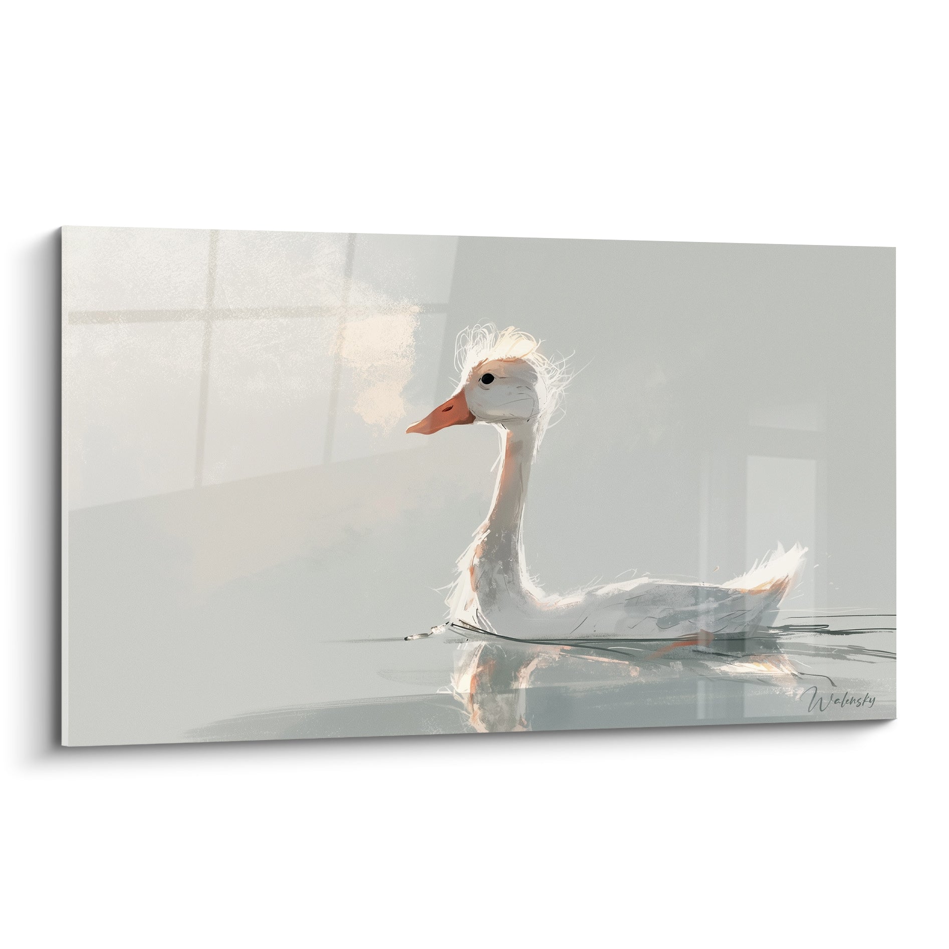 Canard blanc au bec orangé flottant sur une eau grise, plumage esquissé à grands traits lumineux