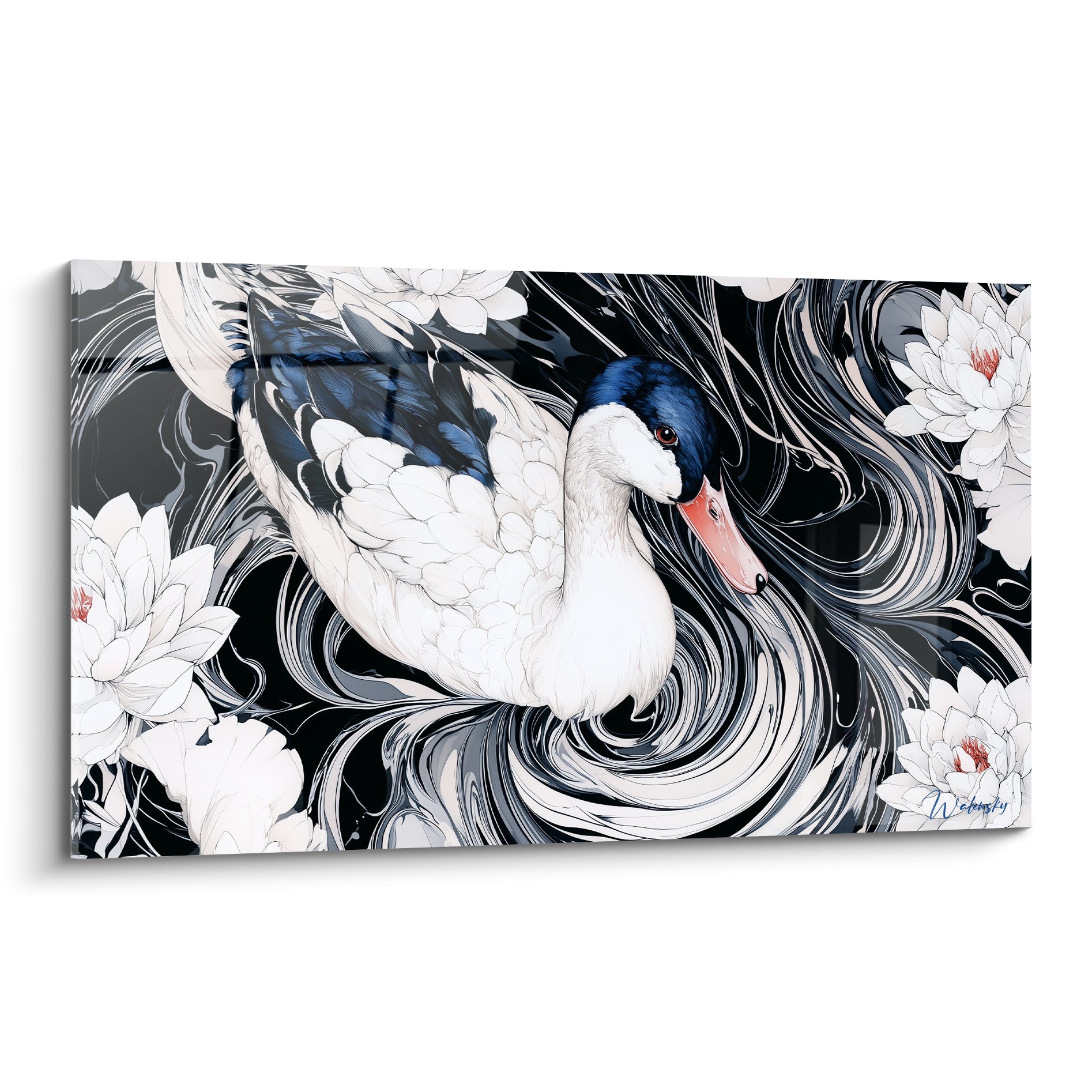 Canard blanc à tête bleu marine glissant parmi nénuphars blancs sur fond noir tourbillonnant