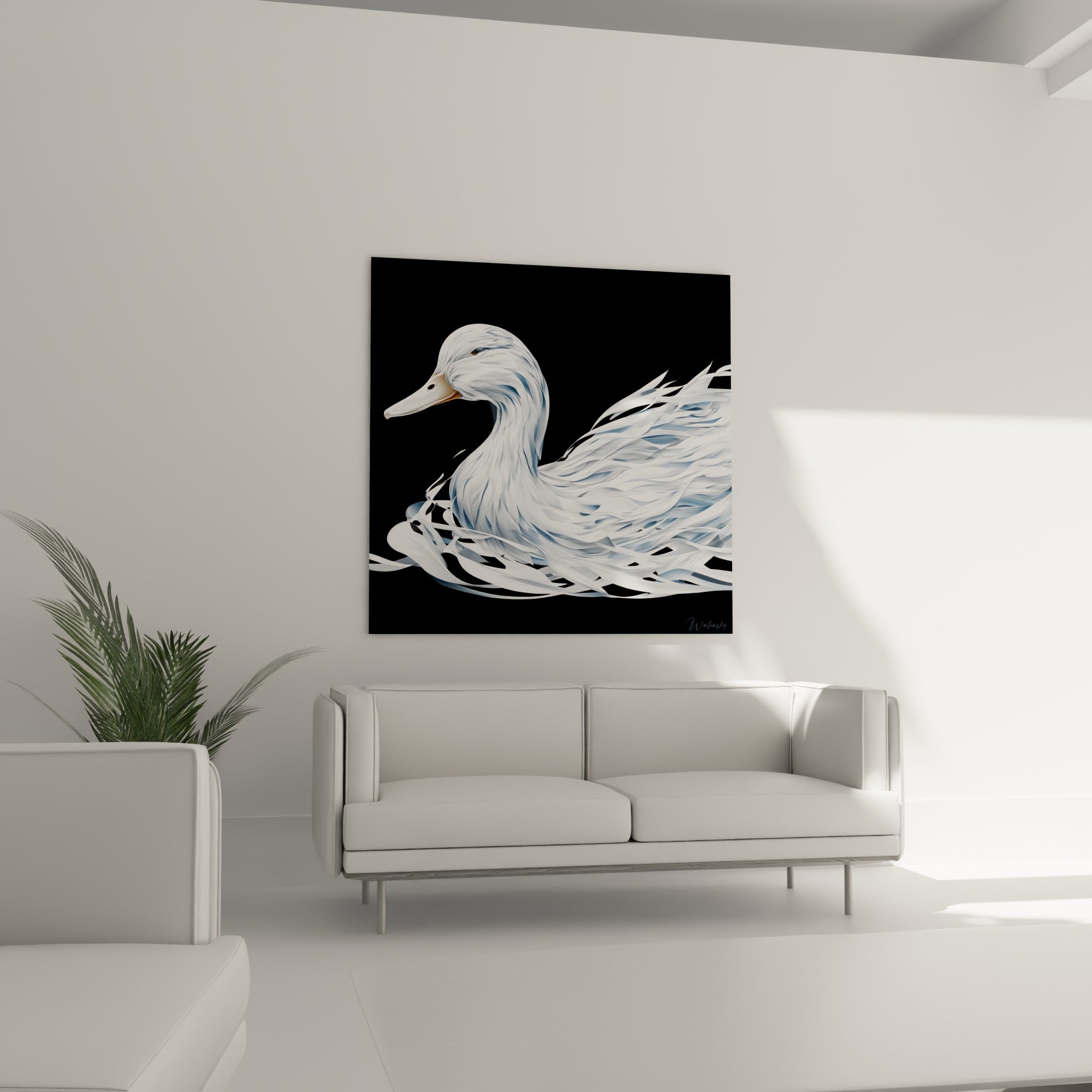 Plumage sculptural blanc et noir d'un canard élégant au-dessus d'un canapé dans un salon lumineux