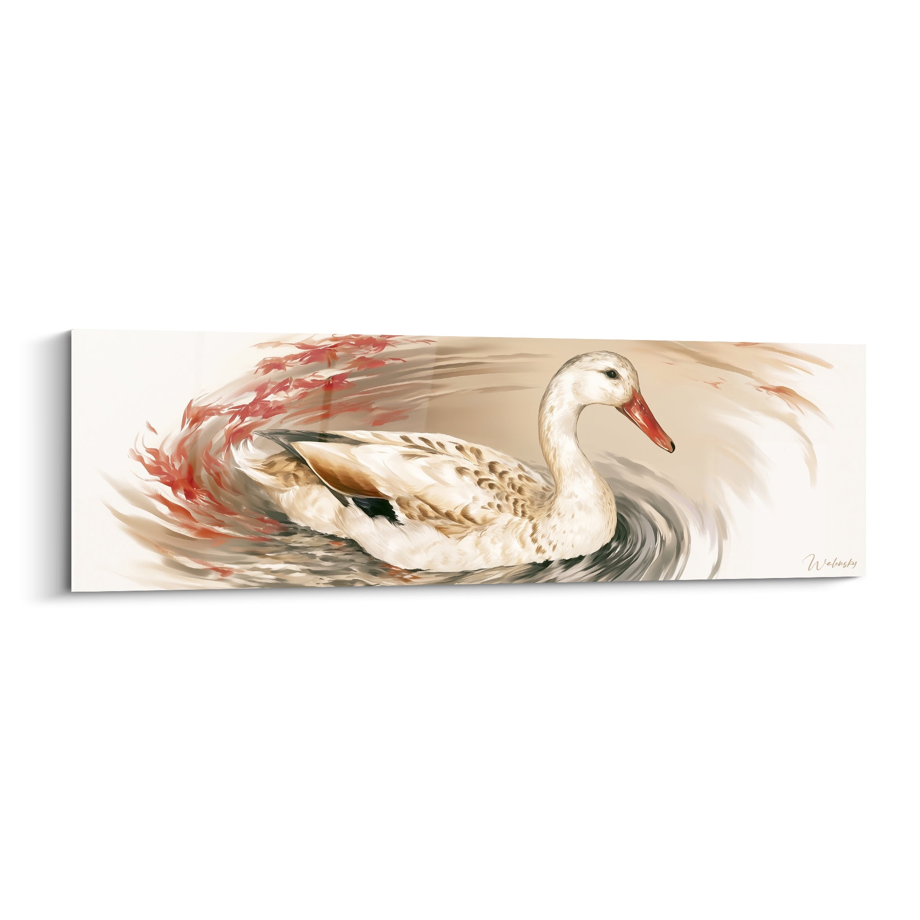 Canard blanc au plumage brun moucheté, bec orangé, sillage gris et rose tourbillonnant