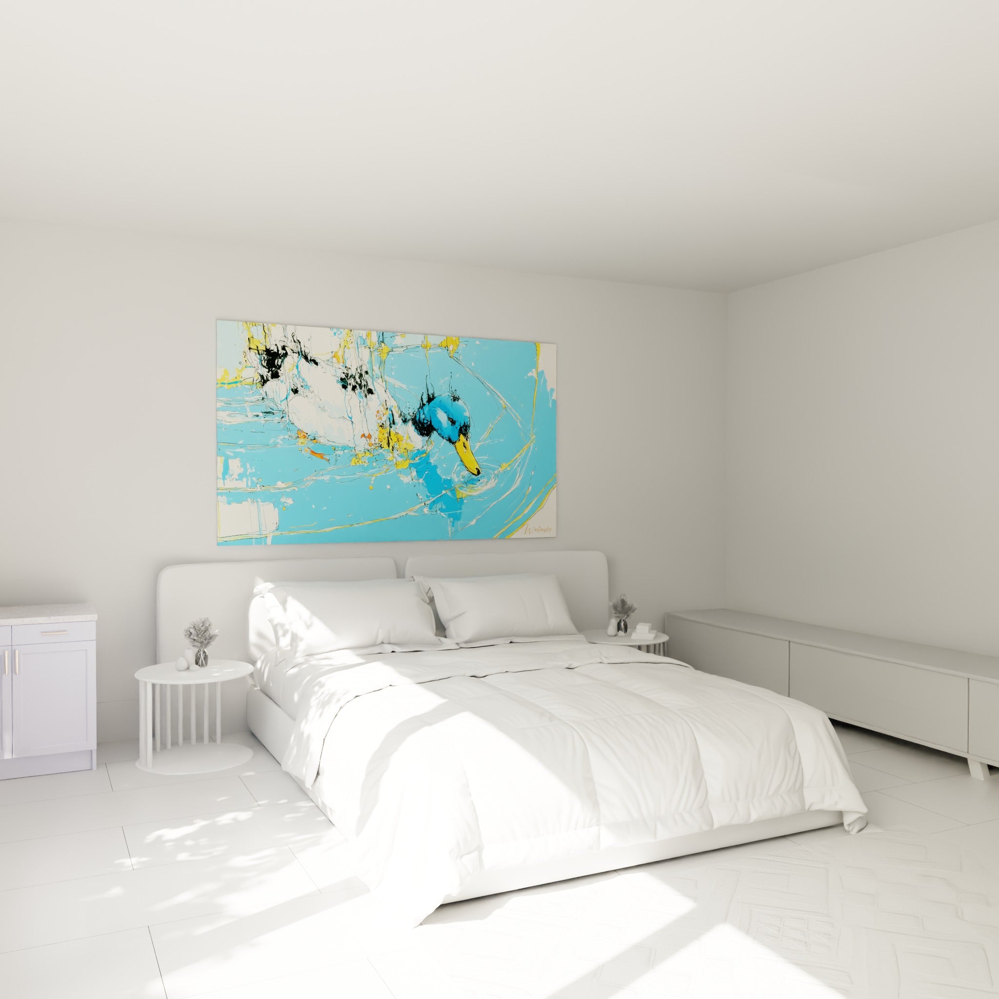 Canard bleu turquoise plongeant son bec doré, accroché au-dessus d'un lit dans une chambre claire