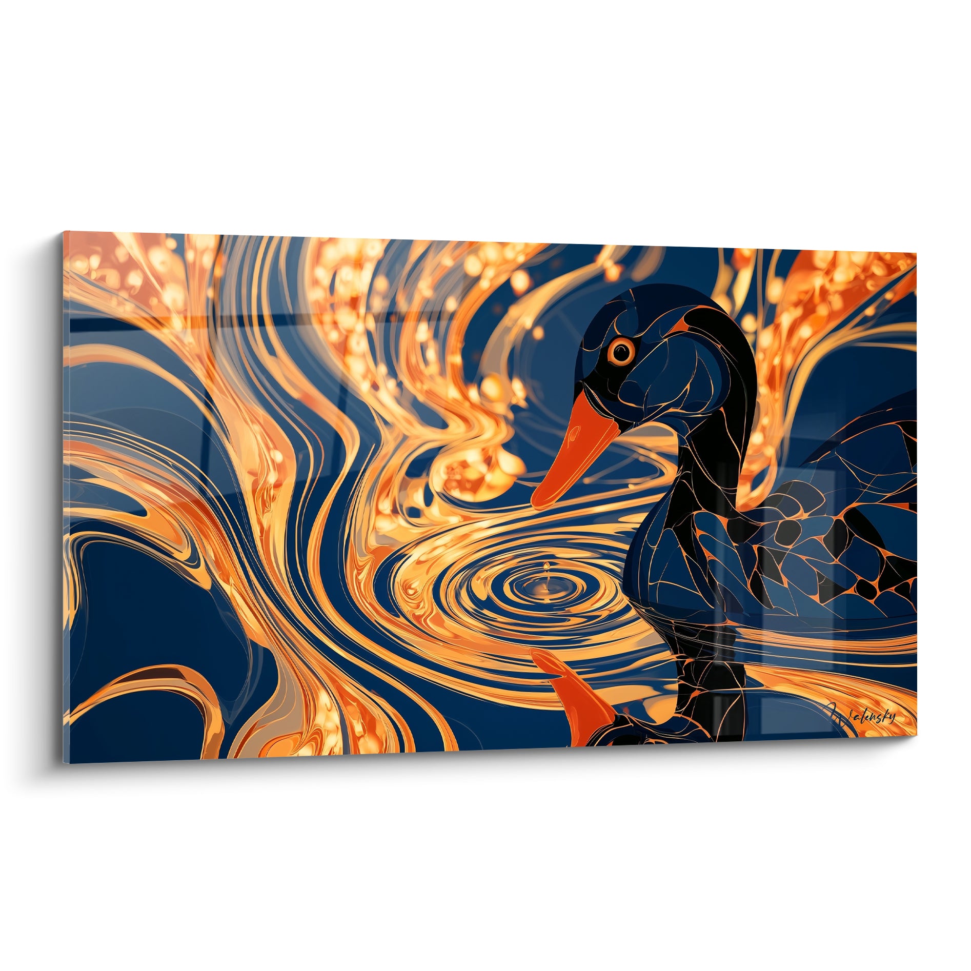 Canard bleu marine au bec orange vif, corps facetté, entouré de tourbillons dorés sur eau sombre